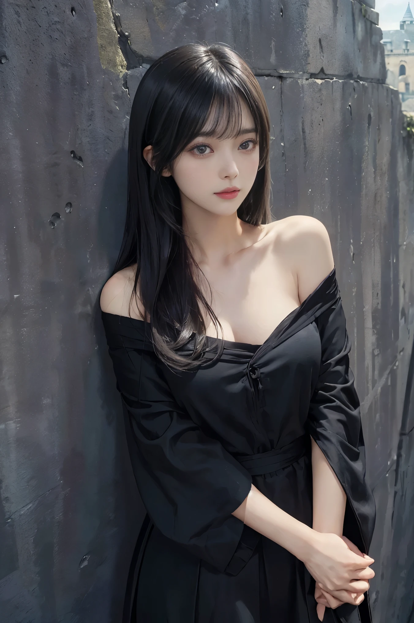 (Surreal)、(Awareness-raising)、(High resolution)、(8k)、(Very detailed)、(Best illustrations)、(Beautiful and detailed eyes)、(highest quality)、(Ultra-detailed)、(masterpiece)、(wallpaper）、（Detailed face）、solo、one girl、View your viewers、Detailed、Detailed face、Dark Night、Deep Shadow、low key、Pure Erotic Face Ace_v1、Laughter、length、black shawl straight hair、46 point diagonal bangs,　（silk dress、length  skirt）(Off the shoulder）View of the castle、、stand against the wall