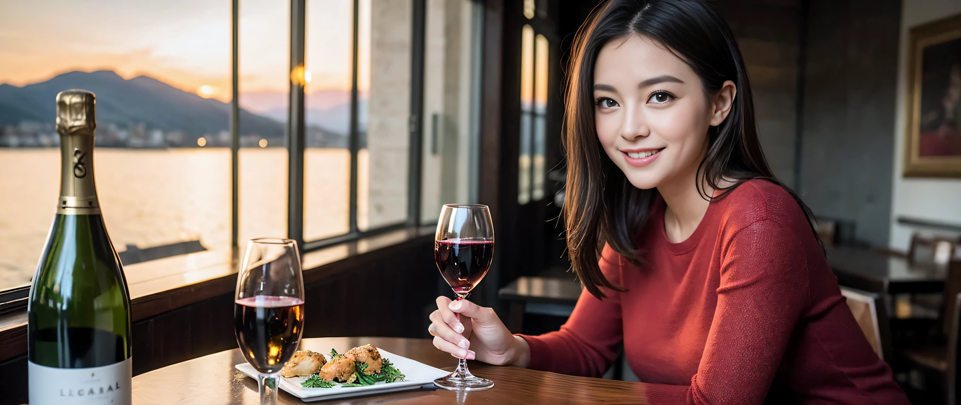 ((highest quality、8k、masterpiece:1.3))、Beautiful woman perfect body:1.4、Slim body、((Bob Hale、Straight hair:1.2))、 Ultra-high resolution, Bright image、2. The beauty of wine, Beautiful Face, blue eyes, Beautiful Eyes, The light shines on your face, Blushing your nose, short hair,Spectacular view of the sunset sky and clouds、Amazing mountain views、A bright smile、A lovely woman with a smile、bright face、Fox face、lady、Champagne、Wine bottle、wine glass、red wine 、Appetizer、Italian food、Two beauties、brown hair、Shortcuts、Long sleeve shirt、Winter Fashion、dress、Wine bottle、sparkling wine、Pretty Woman 1, (slim face), (brown hair), (Shortcuts), cheeks turn a little red, (42 years old), 39 years old, charming beauty、restaurant, Nova Frog Style, actress, model, Upper Body, White wine, slim, wine glass, wine glass placed in the middle, smile, (smile: 1.15), Beautiful Eyes, Strong light and shadow,Moist Body:1.5、Delicate eyes、brown hair、The hair is very shiny、
