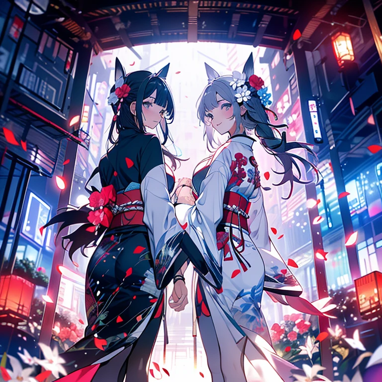 Masterpiece, High Resolution, Top Quality, NSFW, Festival, Fireworks, 2 Girls, (Black Yukata, Big Breasts, Cat Ears, Red Eyes, Black Hair, Ponytail), (White Yukata, Big Breasts, Cat Ears, Yellow Eyes, White Hair, Twin Tails)