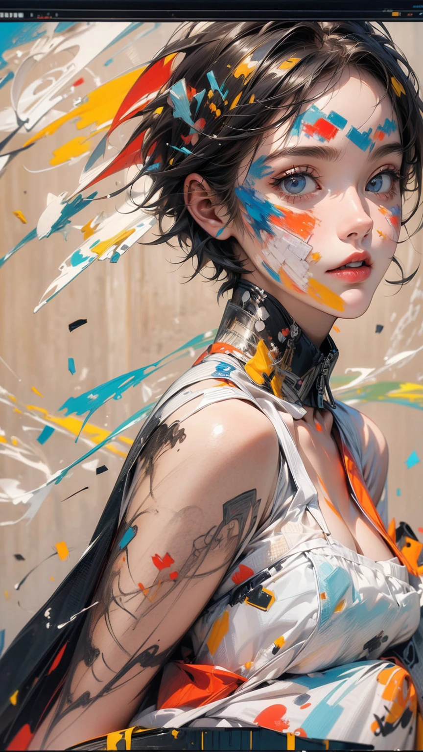 (masterpiece, High resolution, highest quality), Composition from head to thighs:1.3, Upper body focus, 20-year-old woman, Exposed Skin, Asymmetrical short hair, Disorganized, Magazine and paint collage, abstract design, artistic juxtapositions, mixed-media approach, Digital Painting,