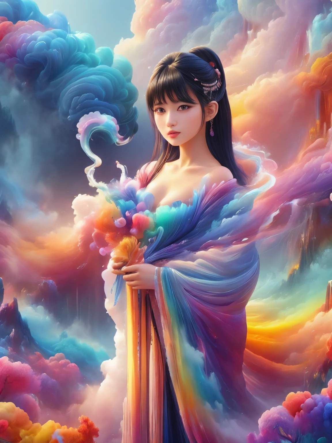 Stunning and beautiful Japanese girl with black hair standing in front of a colorful mist, hyper-realistic digital painting, soft and natural lighting, 8k, depth of field, soft light, Nikon Z9, 85mm, f/1.8, award-winning photography, clear detailed, high quality, vibrant colors, colorful smoke, fantasy art,