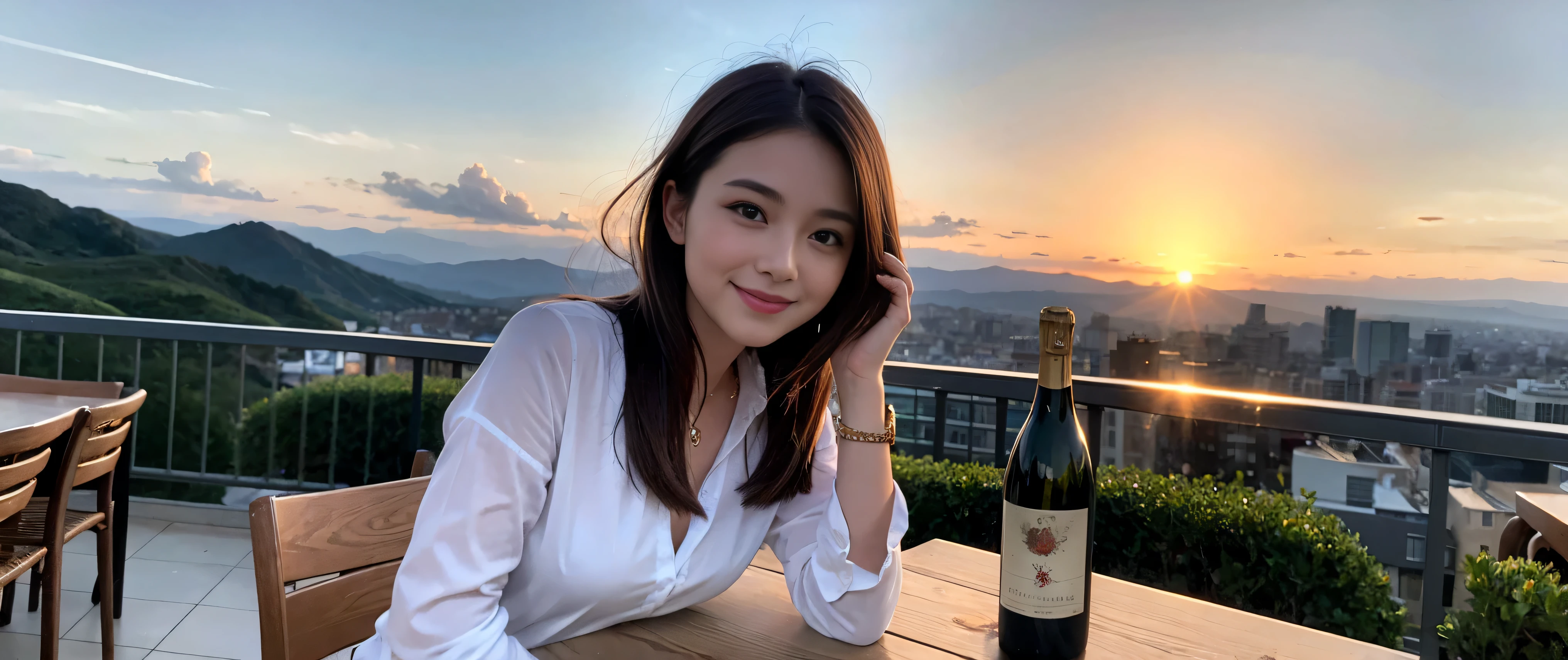 ((highest quality、8k、masterpiece:1.3))、Beautiful woman perfect body:1.4、Slim body、((Bob Hale、Straight hair:1.2))、 Ultra-high resolution, Bright image、2. The beauty of wine, Beautiful Face, blue eyes, Beautiful Eyes, The light shines on your face, Blushing your nose, short hair,Spectacular view of the sunset sky and clouds、Amazing mountain views、A bright smile、A lovely woman with a smile、bright face、Fox face、lady、Champagne、Wine bottle、wine glass、red wine 、Appetizer、Italian food、Two beauties、brown hair、Shortcuts、Long sleeve shirt、Winter Fashion、dress、Wine bottle、sparkling wine、Pretty Woman 1, (slim face), (brown hair), (Shortcuts), cheeks turn a little red, (42 years old), 39 years old, charming beauty、restaurant, Nova Frog Style, actress, model, Upper Body, White wine, slim, wine glass, wine glass placed in the middle, smile, (smile: 1.15), Beautiful Eyes, Strong light and shadow,Moist Body:1.5、Delicate eyes、brown hair、The hair is very shiny、