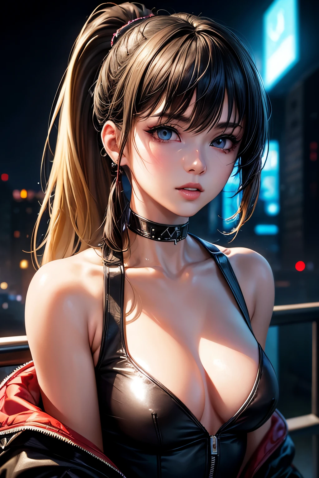 (masterpiece, best quality, 8k, sharp focus, depth of field, best shadows, perfect lights, HDR, realistic skin texture, ultra-detailed background, detailed), anime style, white skin, black hair with ponytail, tattu, orgasm face, choker, small breasts, slim, makeup, eyeliner, glitter), (the other woman has blonde hair), at a night club, cyberpunk theme, Cyberpunk City.