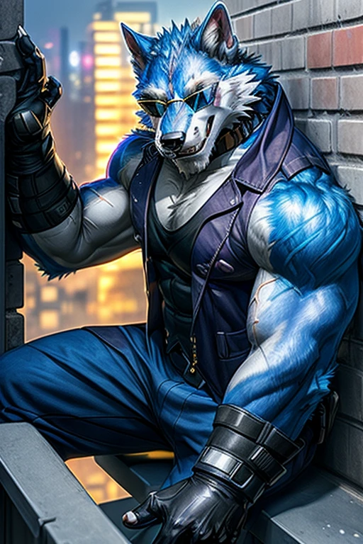 2d, masterpiece, best quality, 4k, 8k, ultra highres, raw photo in hdr, sharp focus, photo realism, real life like, detailed background, wolf anthro,(Freddy sit against a wall), (sunglasses, blue fur, gloves), vest, (big pink nipples, abs), muscular male, in a night city, detailed background, hi res, (by null-ghost, by thebigslick, by darkgem, by honovy),