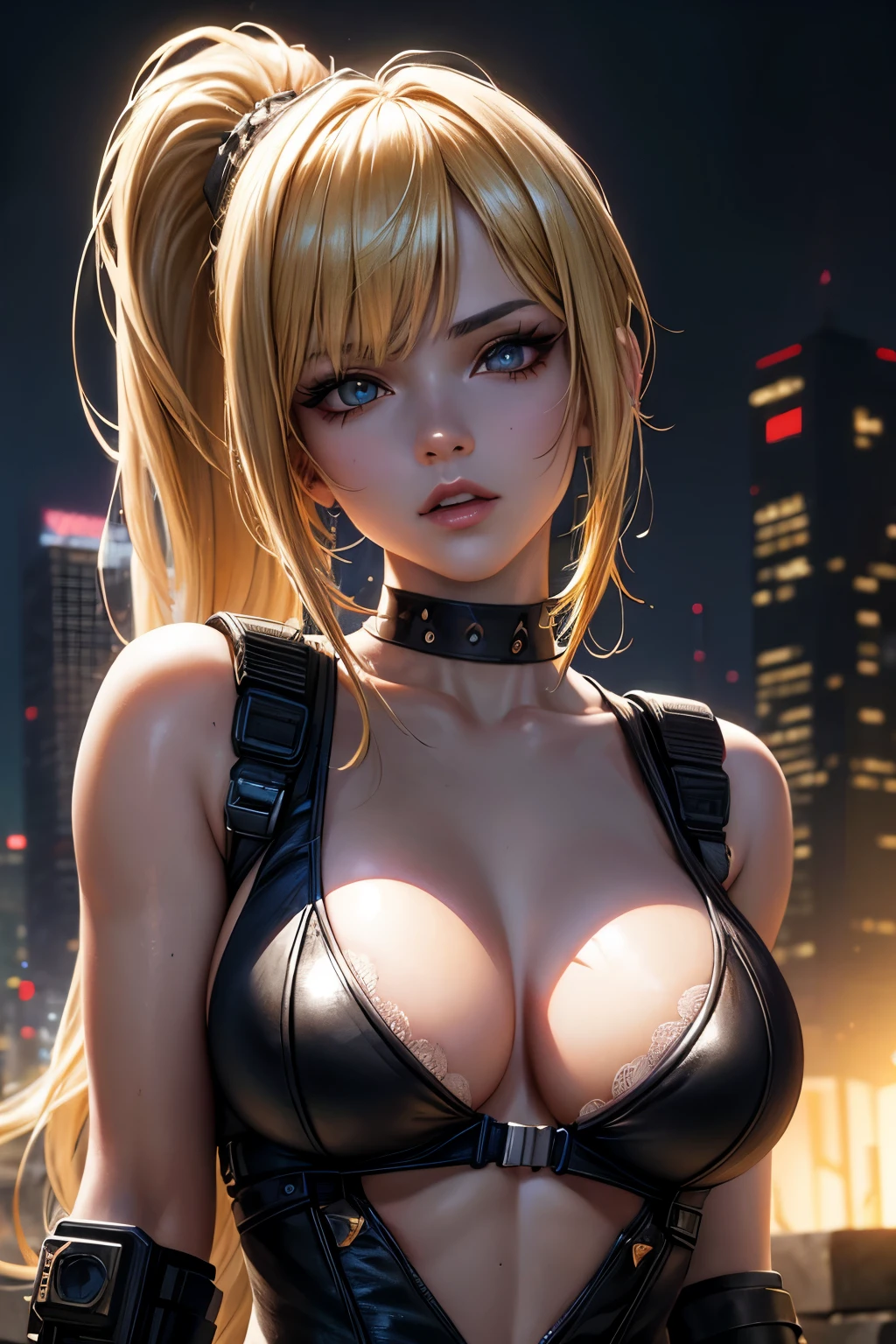 (masterpiece, best quality, 8k, sharp focus, depth of field, best shadows, perfect lights, HDR, realistic skin texture, ultra-detailed background, detailed), anime style, white skin, black hair with ponytail, tattu, orgasm face, choker, breasts, slim, makeup, eyeliner, glitter), (the other woman has blonde hair), at a night club, cyberpunk theme, Cyberpunk City.