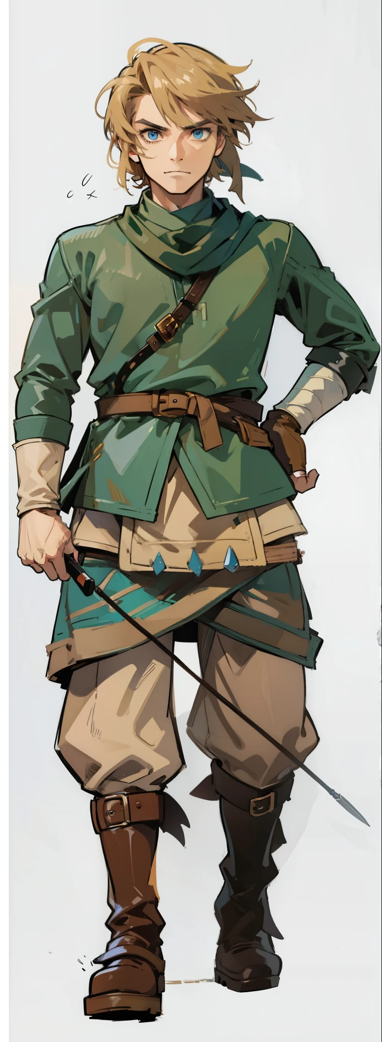 (Link:1)(Warrior:1), (adult man:1.33), standing, full body, leather combat boots, beige pants, dark brown gloves , (narrow eyebrows:0.33), (confident:1.4), (smiling:0.4), (clenching fists:0.33), scarf, holding riding crop,male,confident,strong,tall, from_below, dominant,bdsm,evil,staring