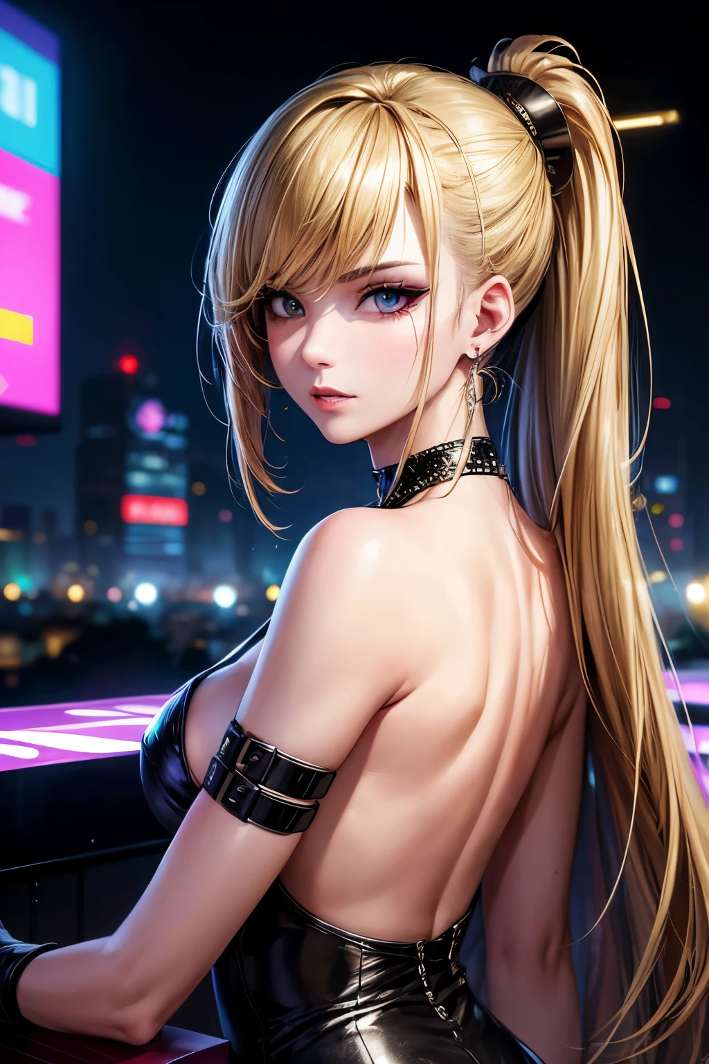 (masterpiece, best quality, 8k, sharp focus, depth of field, best shadows, perfect lights, HDR, realistic skin texture, ultra-detailed background, detailed), from behind, anime style, white skin, black hair with ponytail, tattu, orgasm face, choker, breasts, slim, makeup, eyeliner, glitter), (the other woman has blonde hair), at a night club, cyberpunk theme, Cyberpunk City.