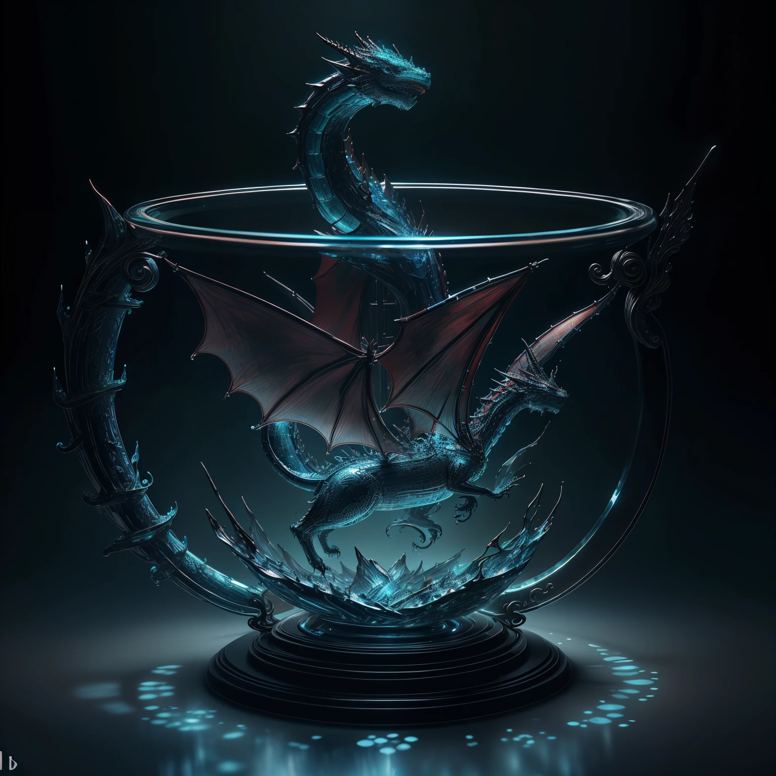 A masterpiece of glass sculpture,There are plants inside,There's dragon water inside, luminescent, fantasy, blue,red,White,high quality, high detail,dark black background