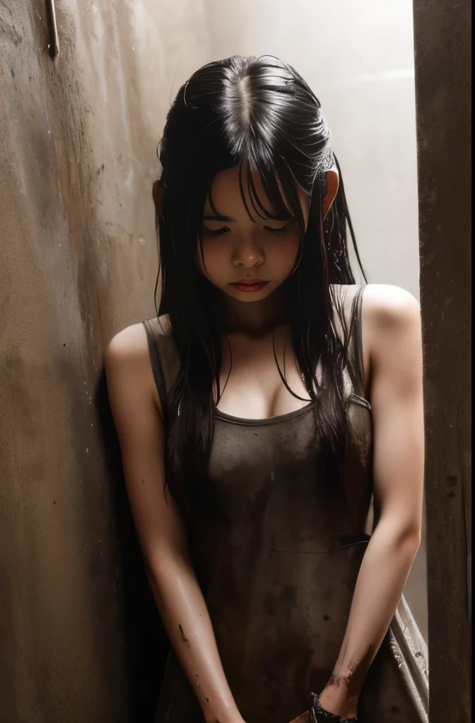  Dirty Dungeon, Steel Dress, Crying face, shy, (Wet and dirty extra long hair), Slave,  Detained, Chained, Dirty white tank top　　Japanese