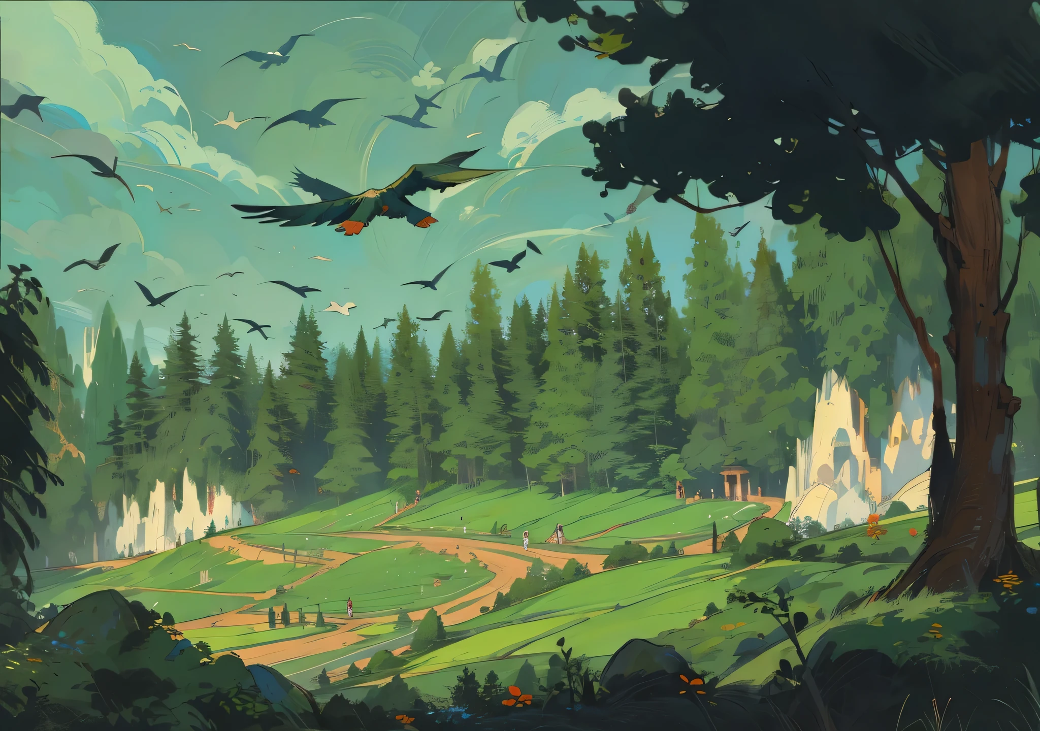 Lots of birds flying over green fields with trees, background technology, forest punk background, Depicted as game concept art, background technologywork, Video game concept art, Environmental concept, Landscape Game Concept Art, 2D game environment design, Role Playing Game Background, Forest in the background, 2D game background, 2D Game Art Background, Random Forest Landscape