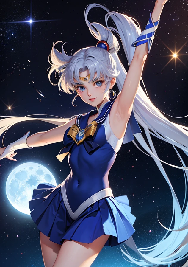 Sailor moon danced with a blue warrior man in space with a white moon.