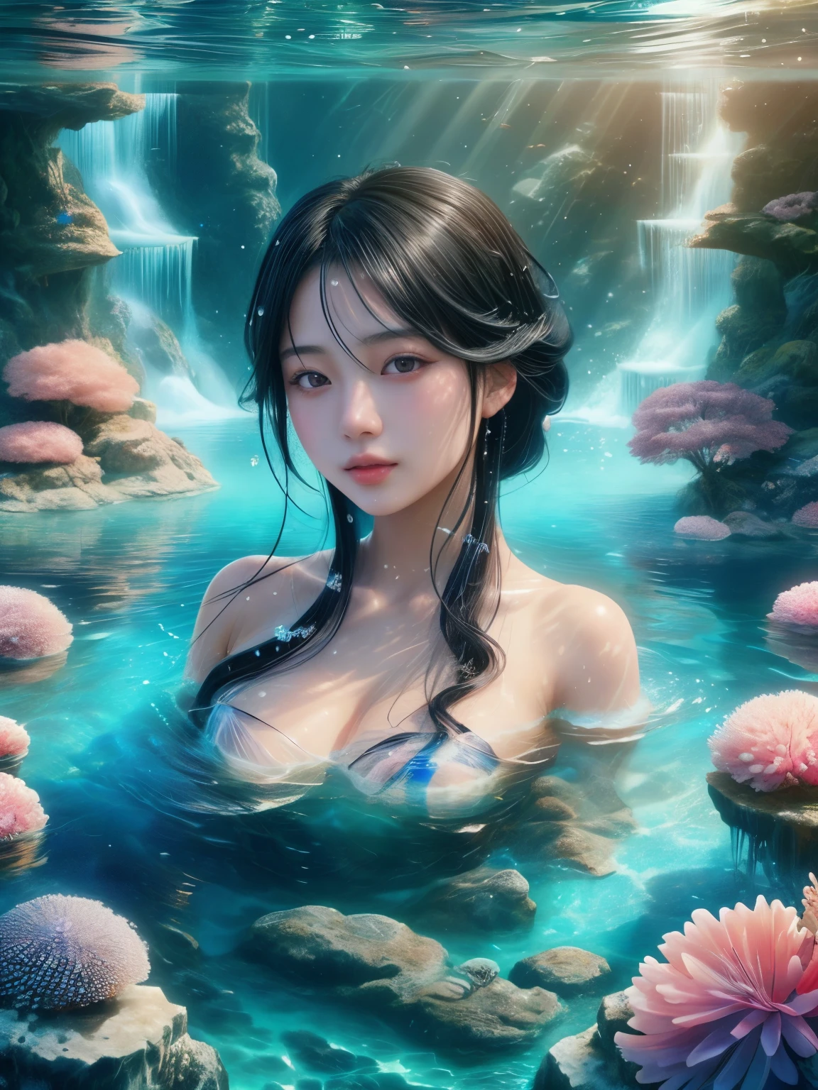 Stunning and beautiful Japanese girl with black hair submerged in crystal clear water, hyper-realistic digital painting, soft and natural lighting, 8k, depth of field, soft light, Nikon Z9, 85mm, f/1.8, award-winning photography, clear detailed, high quality