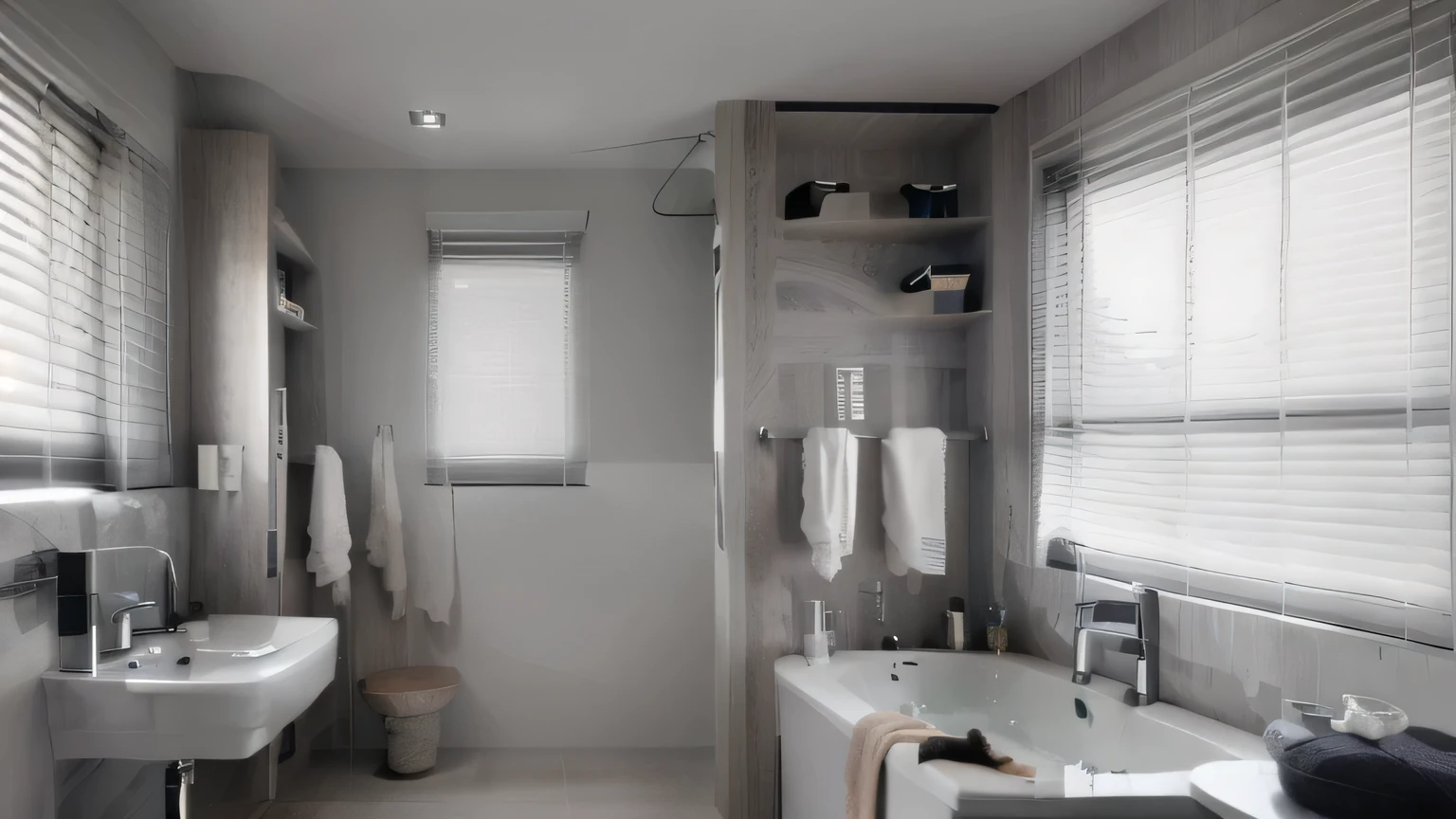(masterpiece, best quality, illustration,8K), window blinds, gray wooden blinds, clean straight lines, cinematic lighting,beautiful, bathroom, perfect lighting,
Nayuta Nordic Modern Interior Design, scenery, no humans,