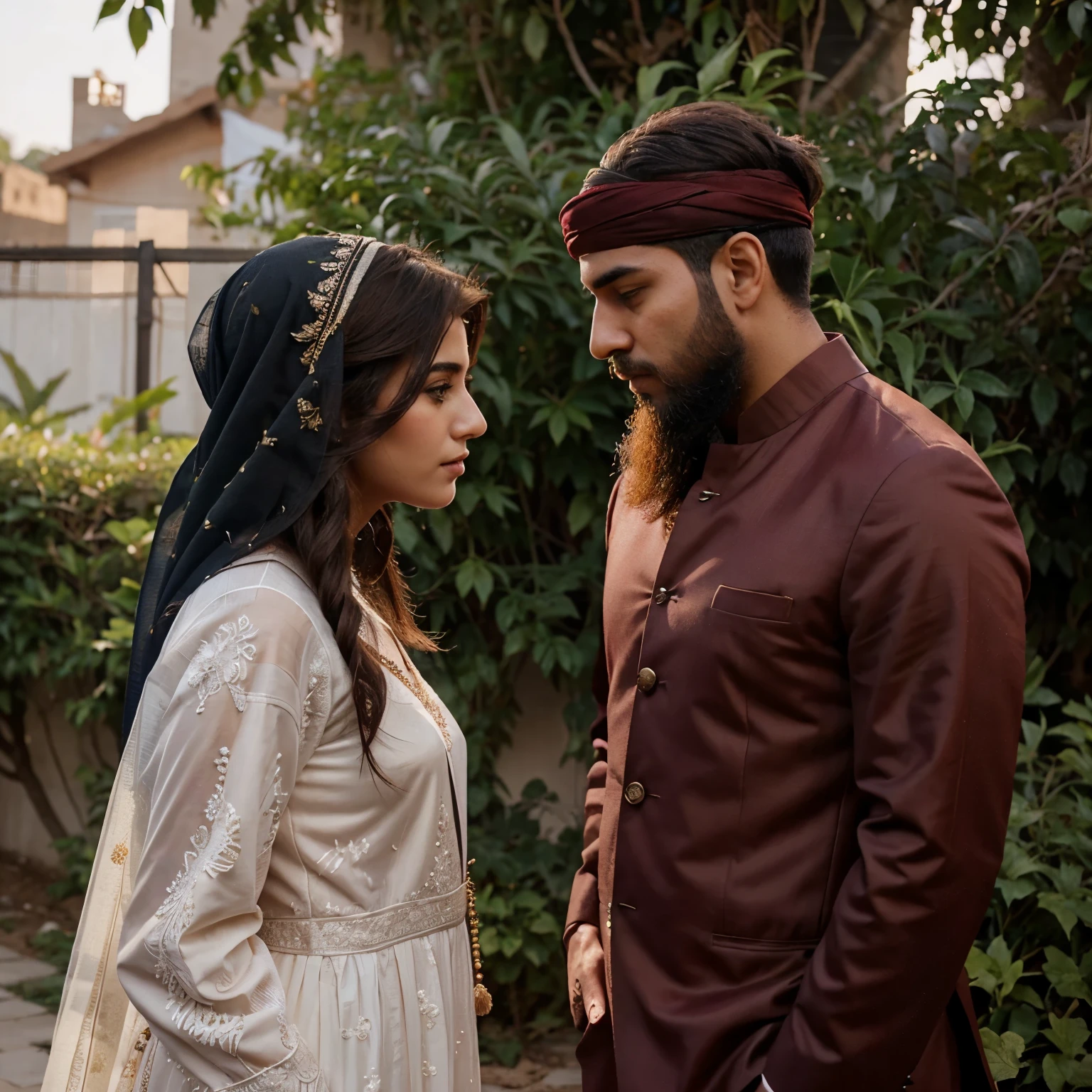 A beautiful girl with a veil on her head covering all her hairs in red Pakistani suit standing in her backyard and a handsome bearded masculine man staring at her from side profile with love and affection 