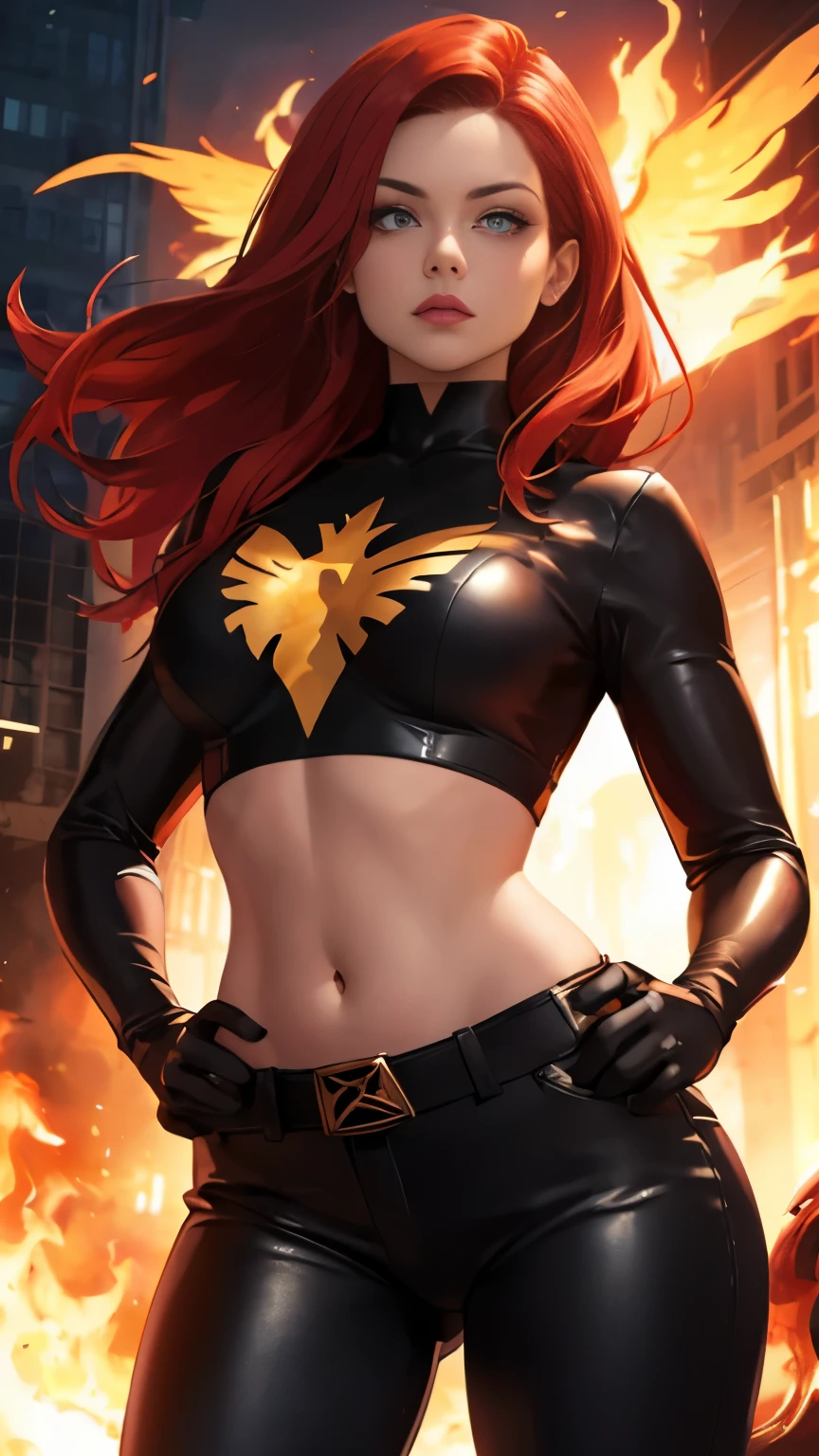 (Highly quality, masterpiece, detailed), burning city detailed scenario, burning city detailed background, jean-grey, belt, red leather crop top, gloves, Phoenix symbol on chest, red leather pants, navel, perfect face, beautiful eyes, looking at the viewer, Sexy pose