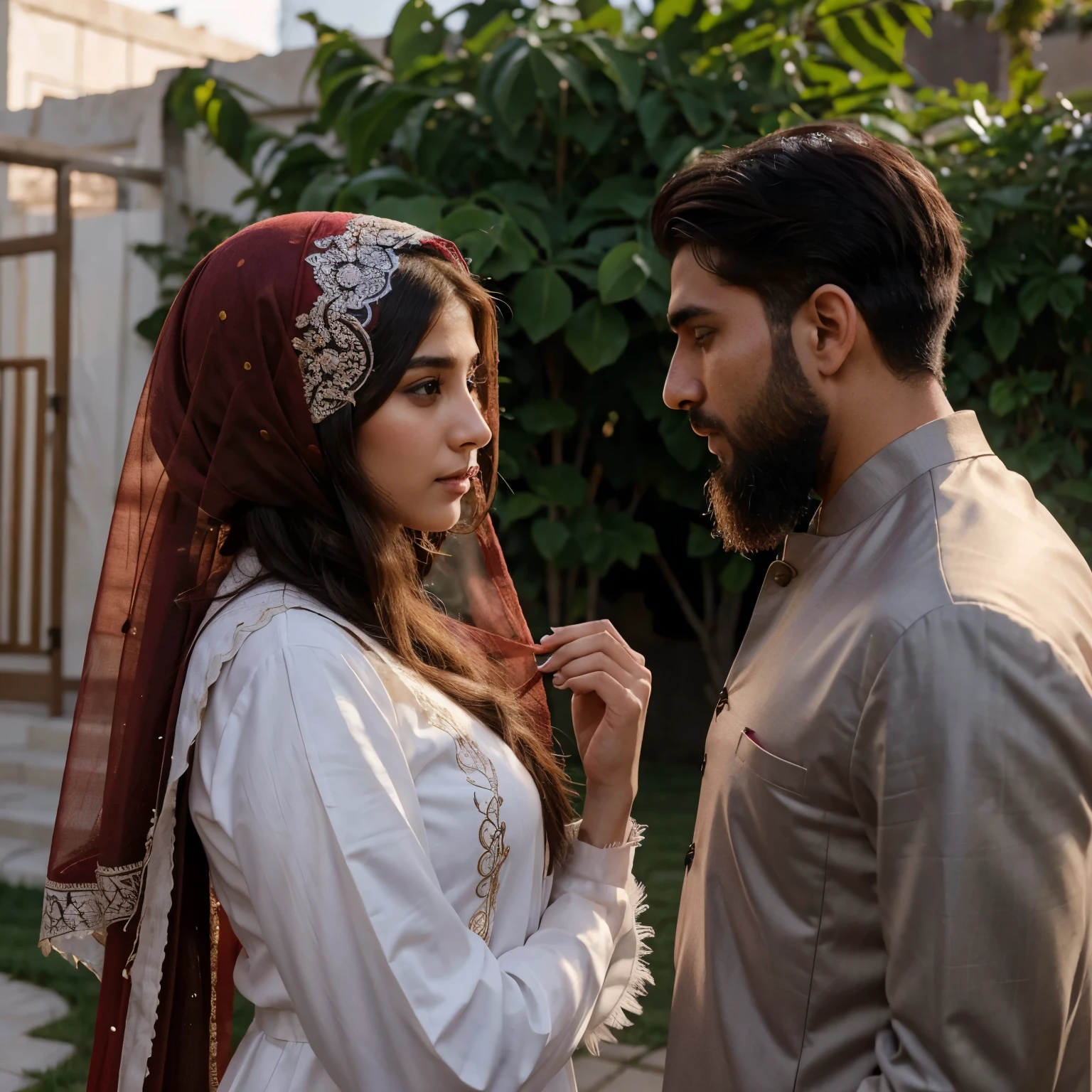 A beautiful girl with a veil on her head covering all her hairs in red Pakistani suit standing in her backyard and a handsome bearded masculine man staring at her from side profile with love and affection