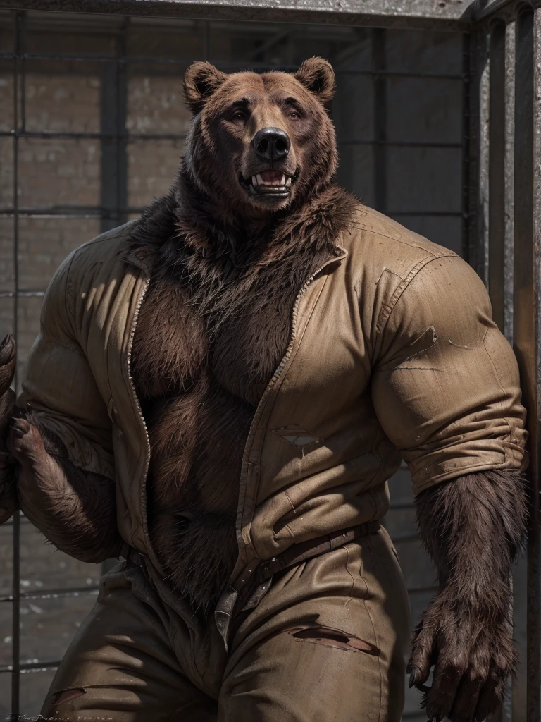 Prison setting, prison cell, bear, equine, orange clothing, prison jumpsuit, flex, muscular, barazoku, evil grin, torn clothing,
BREAK,
(detailed background:1.2),high detail, film photography, RAW candid cinema, realistic, analog style, best quality, ultra realistic, 8k, (by taran fiddler),