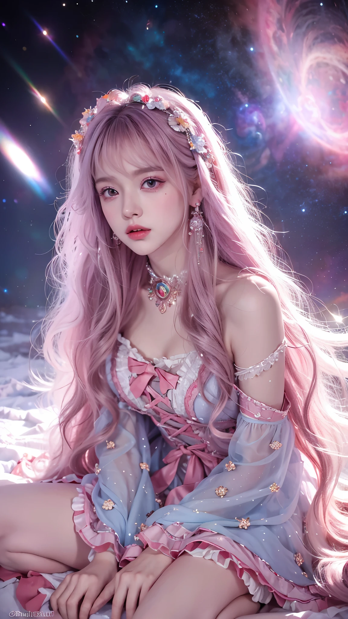 4K Ultra HD, Masterpiece, A girl with a magical aura, Good face, Long hair, shinny hair, Detailed eyes, Glossy lips, Wearing a red ta costume, The aura around the body, Magical effect, Spread white light, Cosmic elements and ethereal atmosphere, A mix of bright lights and colorful nebulae, universe background, Sitting, Full body capture.
