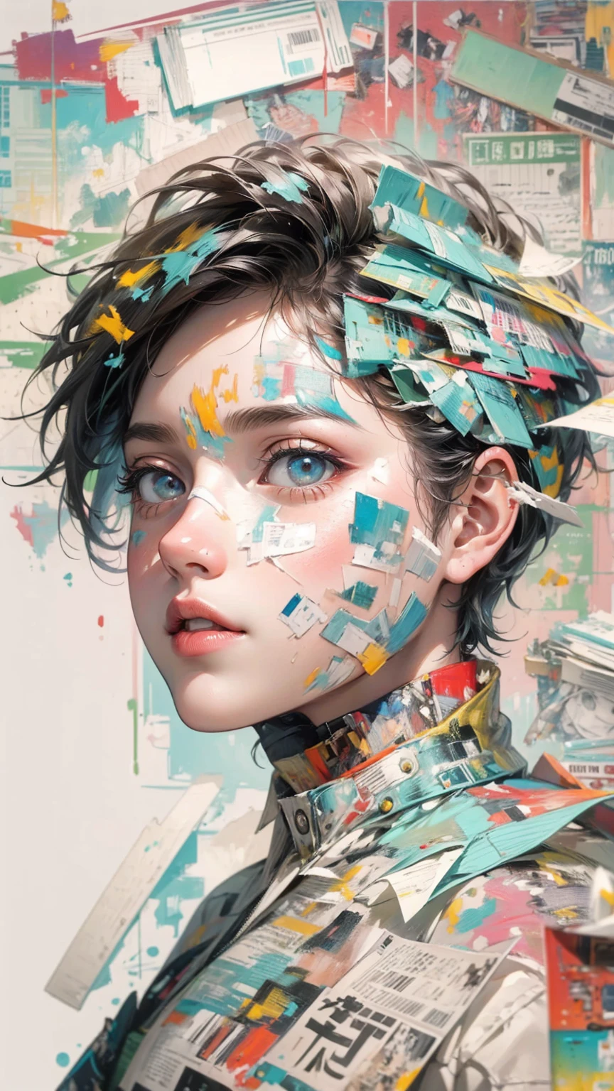 (masterpiece, High resolution, highest quality), Composition from head to thighs:1.3, Upper body focus, 20-year-old woman, Exposed Skin, Asymmetrical short hair, Disorganized, Paper and paint collage, abstract design, artistic juxtapositions, mixed-media approach, Digital Painting,