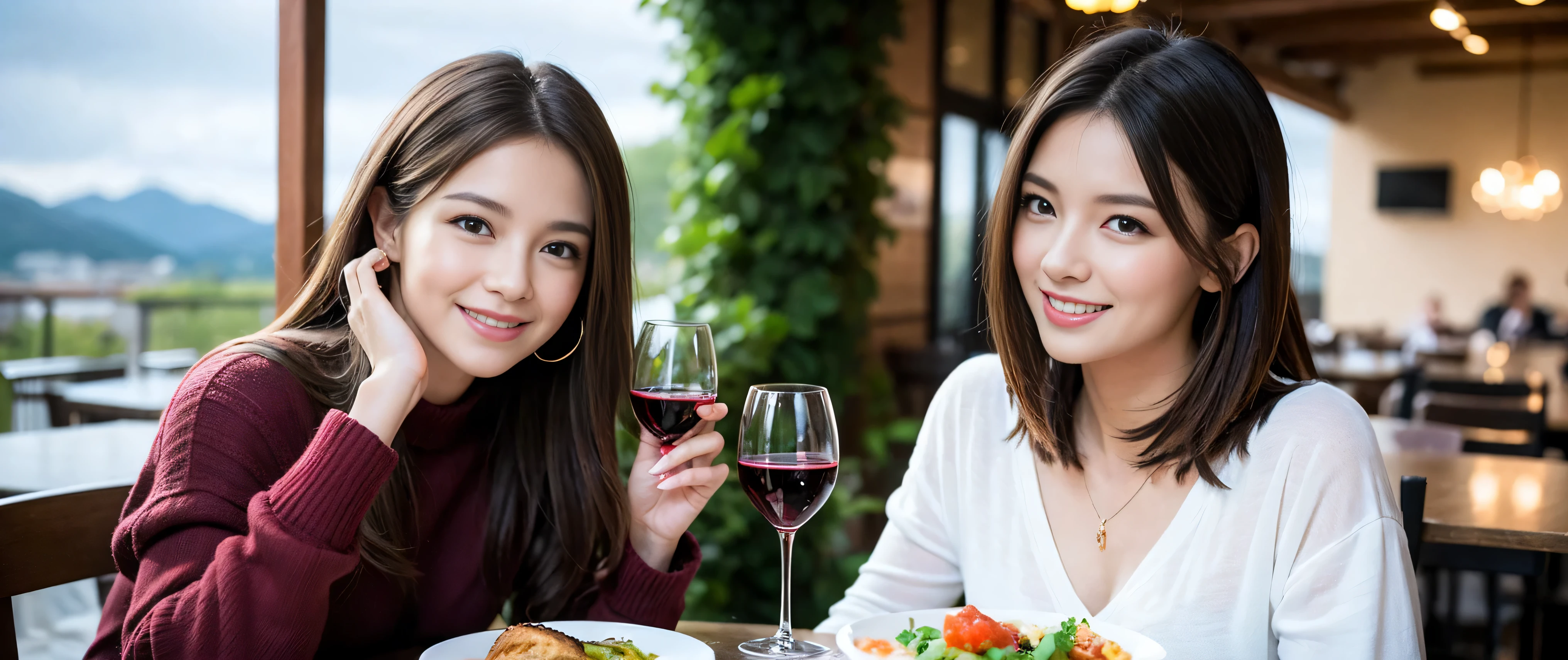 ((highest quality、8k、masterpiece:1.3))、Beautiful woman perfect body:1.4、Slim body、((Bob Hale、Straight hair:1.2))、 Ultra-high resolution, Bright image、2. The beauty of wine, Beautiful Face, blue eyes, Beautiful Eyes, The light shines on your face, Blushing your nose, short hair,Spectacular view of the sunset sky and clouds、Amazing mountain views、A bright smile、A lovely woman with a smile、bright face、Fox face、lady、Champagne、Wine bottle、wine glass、red wine 、Appetizer、Italian food、Two beauties、brown hair、Shortcuts、Long sleeve shirt、Winter Fashion、dress、Wine bottle、sparkling wine、Pretty Woman 1, (slim face), (brown hair), (Shortcuts), cheeks turn a little red, (36 years old), 39 years old, charming beauty、restaurant, Nova Frog Style, actress, model, Upper Body, White wine, slim, wine glass, wine glass placed in the middle, smile, (smile: 1.15), Beautiful Eyes, Strong light and shadow,Moist Body:1.5、Delicate eyes、brown hair、The hair is very shiny、