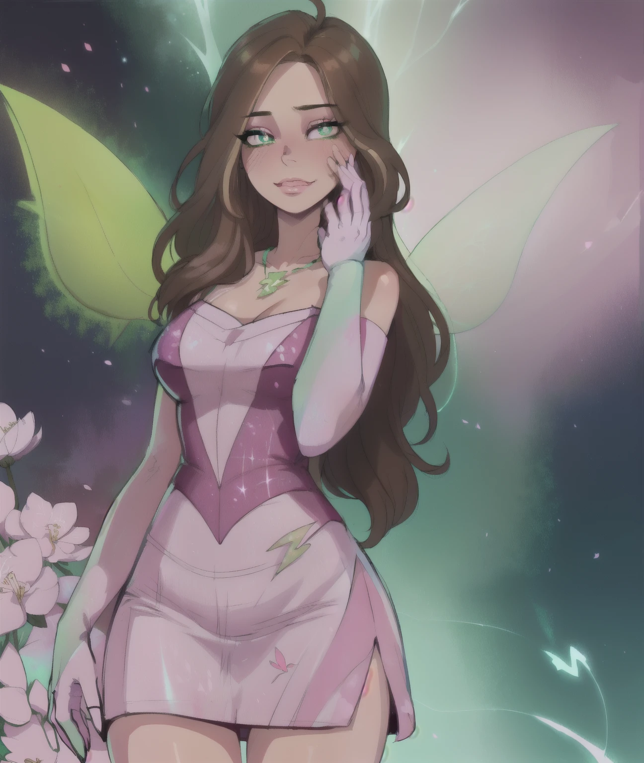 ((Flora), (bright skin, Brown hair,very long hair, Blonde Hair Strips, green eyes), (FairyOutfit), (Pink dress, pink gloves, sparkling outfit, necklace with flower, green fairy wings),detailed eyes, green eyes, flowers, petals, cherry blossom, Flash, particles, magic, magical, iridescent, holographic, shine, blurred background, soft light, glowing pieces, brilliant, cinematic lightning, hyper detailed painting, :1.3)Natural background, floral background,  (masterpiece:1.2),  neon lighting, dark romantic lighting, (very detailed:1.2),(detailed face:1.2), (gradients), colorful, detailed eyes, (daylight:1.2), (Cute pose:1.2), (One, one man, 1 girl,:1.5), 