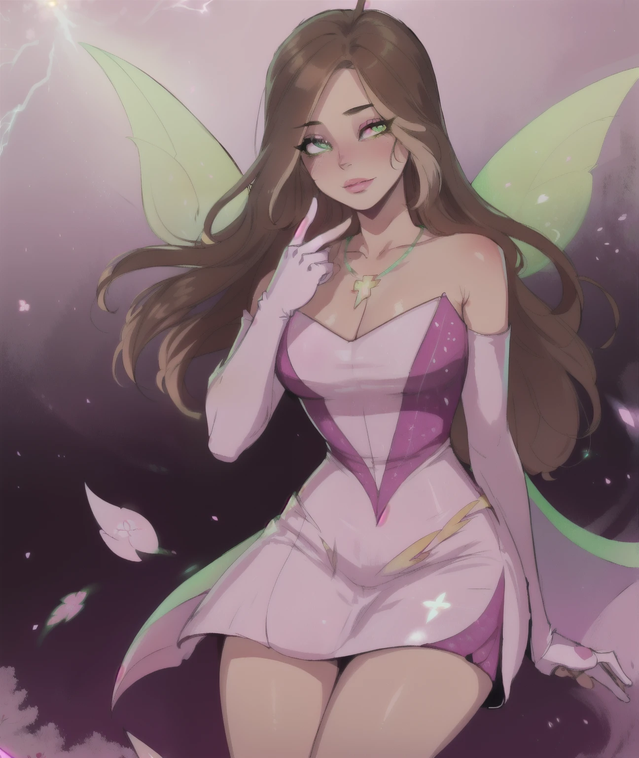 ((Flora), (bright skin, Brown hair,very long hair, Blonde Hair Strips, green eyes), (FairyOutfit), (Pink dress, pink gloves, sparkling outfit, necklace with flower, green fairy wings),detailed eyes, green eyes, flowers, petals, cherry blossom, Flash, particles, magic, magical, iridescent, holographic, shine, blurred background, soft light, glowing pieces, brilliant, cinematic lightning, hyper detailed painting, :1.3)Natural background, floral background,  (masterpiece:1.2),  neon lighting, dark romantic lighting, (very detailed:1.2),(detailed face:1.2), (gradients), colorful, detailed eyes, (daylight:1.2), (Cute pose:1.2), (One, one man, 1 girl,:1.5), 