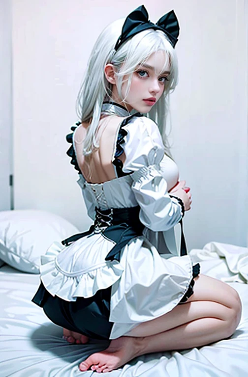 1girl, maid, dress, on knees, white hair, in bed