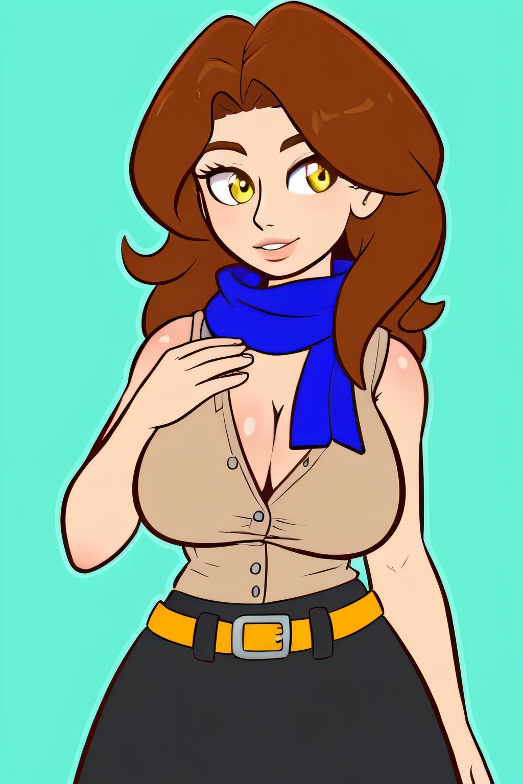 A medium-sized girl with a huge chest, long straight dark brown hair, her yellow eyes, a yellow star shape, is dressed in a light gray leather buttoned vest, wearing a belt and wearing a short shiny black skirt, wearing a blue scarf around her neck and looking straight ahead. 