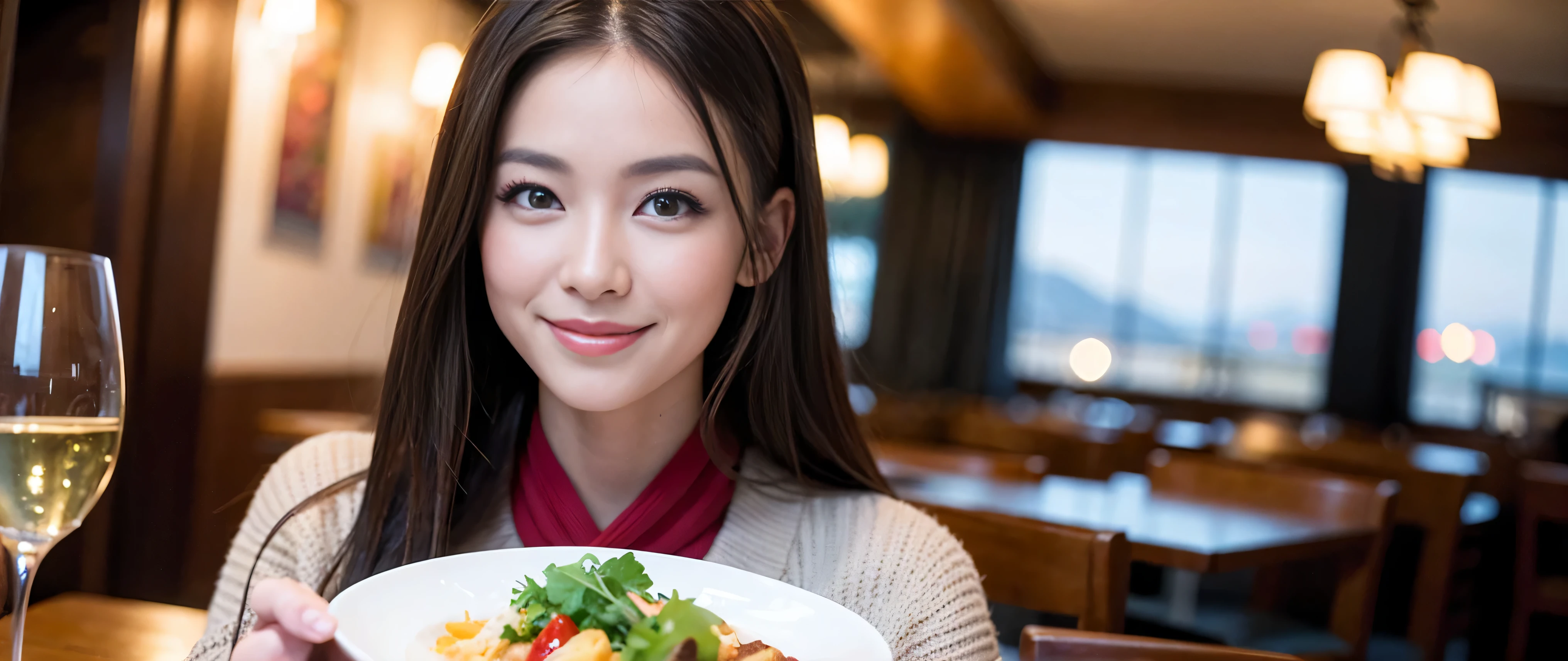 ((highest quality、8k、masterpiece:1.3))、Beautiful woman perfect body:1.4、Slim body、((Bob Hale、Straight hair:1.2))、 Ultra-high resolution, Bright image、2. The beauty of wine, Beautiful Face, blue eyes, Beautiful Eyes, The light shines on your face, Blushing your nose, short hair,Spectacular view of the sunset sky and clouds、Amazing mountain views、A bright smile、A lovely woman with a smile、bright face、Fox face、lady、Champagne、Wine bottle、wine glass、red wine 、Appetizer、Italian food、Two beauties、brown hair、Shortcuts、Long sleeve shirt、Winter Fashion、dress、Wine bottle、sparkling wine、Pretty Woman 1, (slim face), (brown hair), (Shortcuts), cheeks turn a little red, (42 years old), 39 years old, charming beauty、restaurant, Nova Frog Style, actress, model, Upper Body, White wine, slim, wine glass, wine glass placed in the middle, smile, (smile: 1.15), Beautiful Eyes, Strong light and shadow,Moist Body:1.5、Delicate eyes、brown hair、The hair is very shiny、