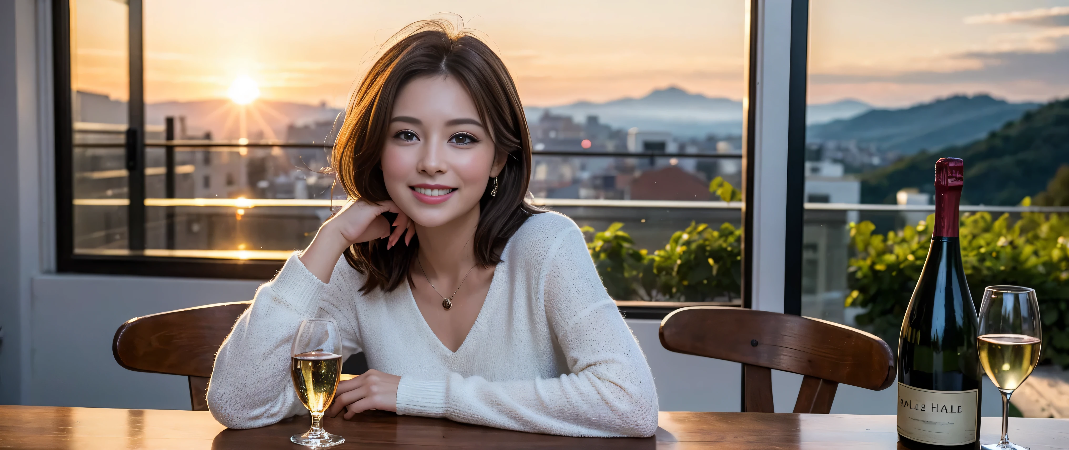 ((highest quality、8k、masterpiece:1.3))、Beautiful woman perfect body:1.4、Slim body、((Bob Hale、Straight hair:1.2))、 Ultra-high resolution, Bright image、2. The beauty of wine, Beautiful Face, blue eyes, Beautiful Eyes, The light shines on your face, Blushing your nose, short hair,Spectacular view of the sunset sky and clouds、Amazing mountain views、A bright smile、A lovely woman with a smile、bright face、Fox face、lady、Champagne、Wine bottle、wine glass、red wine 、Appetizer、Italian food、Two beauties、brown hair、Shortcuts、Long sleeve shirt、Winter Fashion、dress、Wine bottle、sparkling wine、Pretty Woman 1, (slim face), (brown hair), (Shortcuts), cheeks turn a little red, (42 years old), 39 years old, charming beauty、restaurant, Nova Frog Style, actress, model, Upper Body, White wine, slim, wine glass, wine glass placed in the middle, smile, (smile: 1.15), Beautiful Eyes, Strong light and shadow,Moist Body:1.5、Delicate eyes、brown hair、The hair is very shiny、