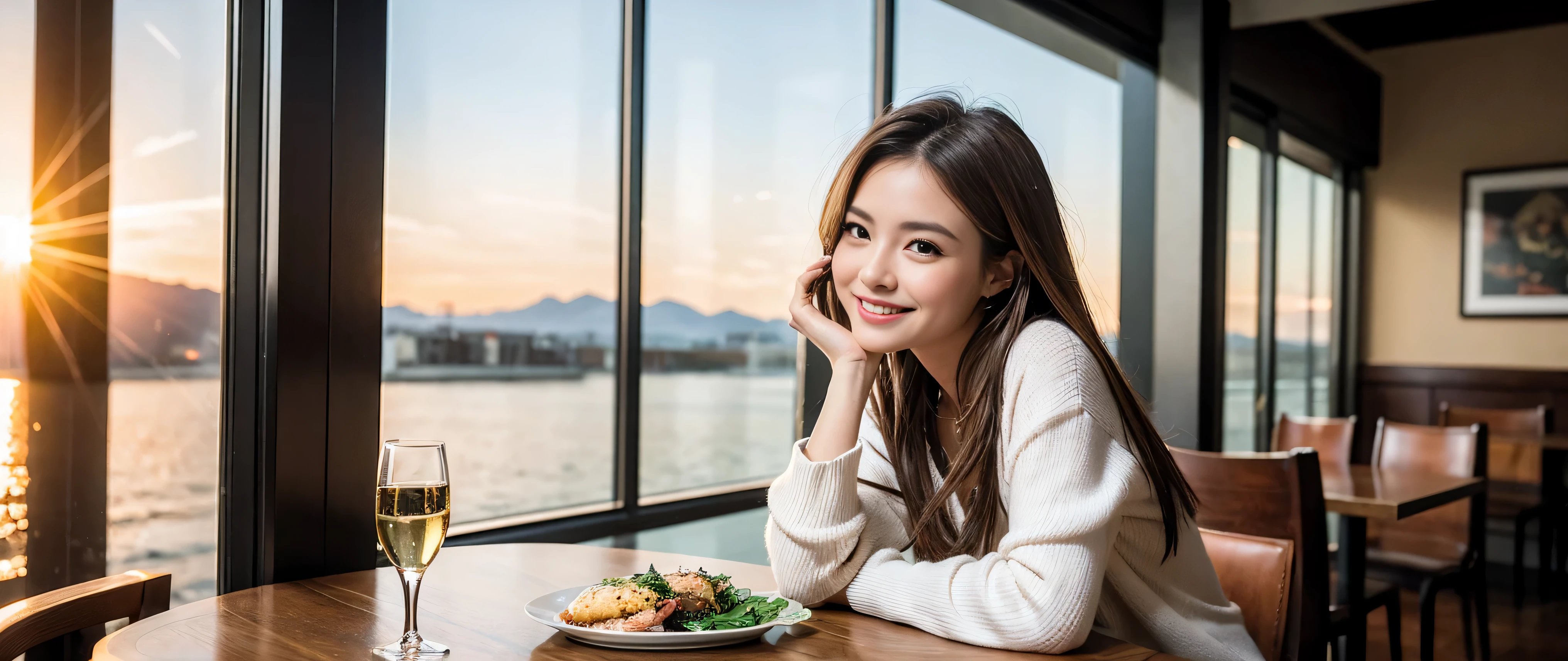 ((highest quality、8k、masterpiece:1.3))、Beautiful woman perfect body:1.4、Slim body、((Bob Hale、Straight hair:1.2))、 Ultra-high resolution, Bright image、2. The beauty of wine, Beautiful Face, blue eyes, Beautiful Eyes, The light shines on your face, Blushing your nose, short hair,Spectacular view of the sunset sky and clouds、Amazing mountain views、A bright smile、A lovely woman with a smile、bright face、Fox face、lady、Champagne、Wine bottle、wine glass、red wine 、Appetizer、Italian food、Two beauties、brown hair、Shortcuts、Long sleeve shirt、Winter Fashion、dress、Wine bottle、sparkling wine、Pretty Woman 1, (slim face), (brown hair), (Shortcuts), cheeks turn a little red, (42 years old), 39 years old, charming beauty、restaurant, Nova Frog Style, actress, model, Upper Body, White wine, slim, wine glass, wine glass placed in the middle, smile, (smile: 1.15), Beautiful Eyes, Strong light and shadow,Moist Body:1.5、Delicate eyes、brown hair、The hair is very shiny、