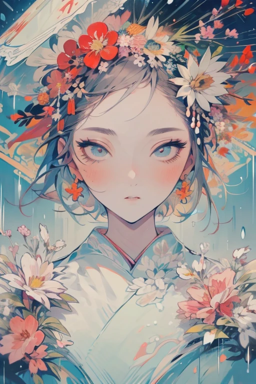 Masterpiece,Detailed face,Beautiful Face,A profusion of flowers,Flowers falling,Alluring,sex appeal,Half naked,Japanese style,Beauty,rain