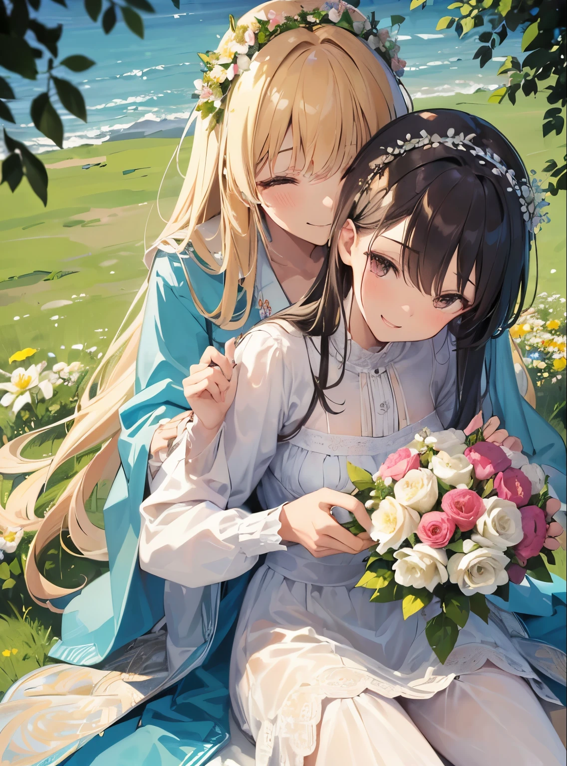 ((Best quality, A high resolution, Masterpiece:1.2)), (Romantic), (couple:1) ,(Clear facial features), (happy smile), A female wearing a flower crown from behind to the head of a man sitting in front of her, The man raised his head to look at the female while laughing, sit on the grass, flower, flower crown, smile, laugh, romantic atmosphere, Romantic couple.