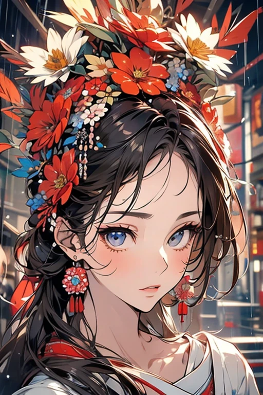 Masterpiece,Detailed face,Beautiful Face,A profusion of flowers,Flowers falling,Alluring,sex appeal,Half naked,Japanese style,Beauty,rain