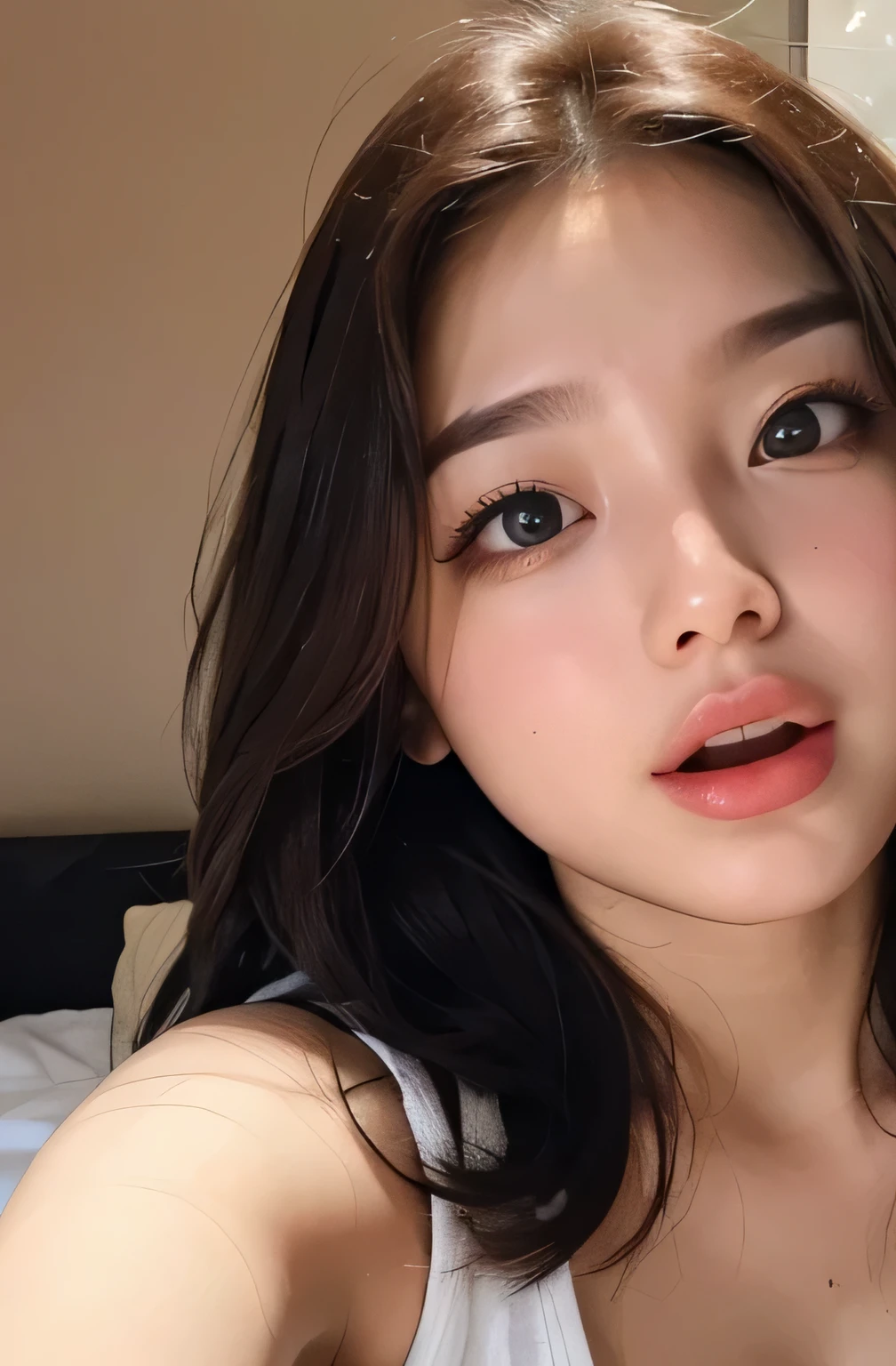 image of one woman、Face close-up、Big cleavage、Tongue licking、Smooth skin、masterpiece、highest quality、8k photo、（close ~ eye）Upper eye line、An excited look、A wistful look、blushing face、Excited expression、please open your mouth、(wrinkles at the corners of the eye:1.1),18-year-old female、Please bring your face closer to the audience、Pretty wet and shiny lips、Kissing Face、