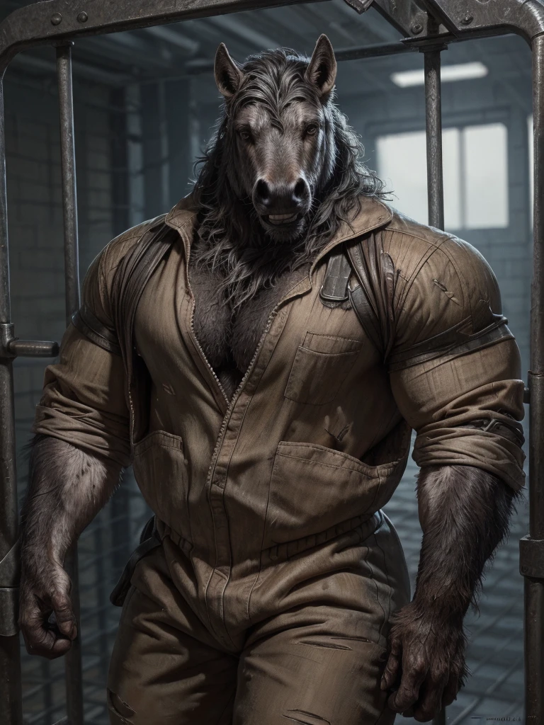 Prison setting, prison cell, wolf, equine, orange clothing, prison jumpsuit, flex, muscular, barazoku, evil grin, torn clothing,
BREAK,
(detailed background:1.2),high detail, film photography, RAW candid cinema, realistic, analog style, best quality, ultra realistic, 8k, (by taran fiddler),