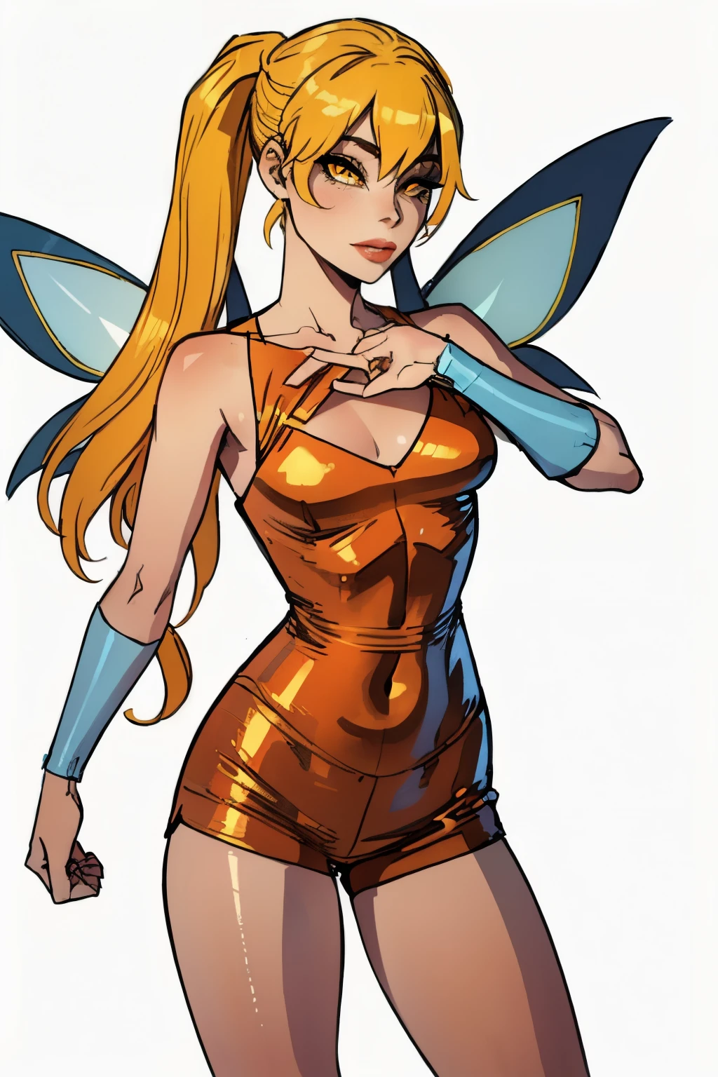 (star), (Blonde hair, Yellow eyes), (ponytail, Long low pigtails,), (FairyOutfit), (fairy wings, Orange Outfit, shiny clothes, Sparkling clothes), (White background, Simple background:1.5),(realistic:1.2), (masterpiece:1.2), (full body shot:1),(cowboy shot:1.2), neon lighting, warm lighting, (very detailed:1.2),(detailed face:1.2), (gradients), colorful, detailed eyes, (daylight:1.2), (dynamic pose:1.2), (One, one man, 1 girl:1.5),