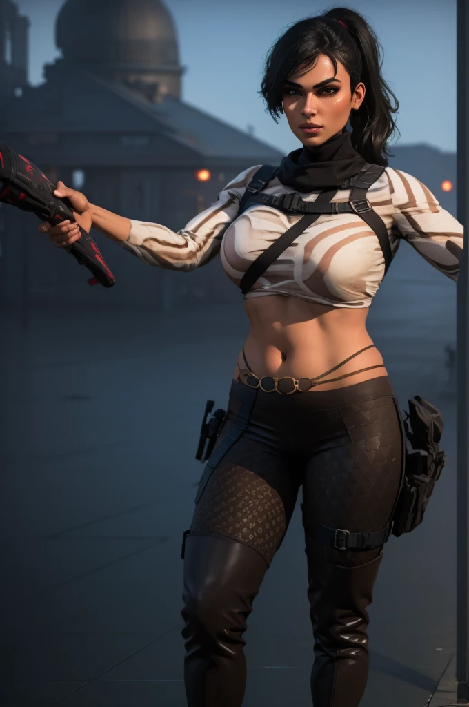 (full body portrait, 1girl, looking at viewer, highly detailed, anatomy correct, perfect face, eyes, and hands:1.4), tactical gear, coffee knee boots, (athletic body:1.3), coffee leggings, jewelry, black ponytail hair, ski mask, ((Best quality, masterpiece, Very beautiful woman)), Depth-of-field, Multi-layered textures, HDR (High Dynamic Range), Ray Tracing, NVIDIA RTX, Unreal 5, Subsurface scattering, PBR Texturing, Post-processing, Anisotropic Filtering, Maximum clarity and sharpness, Wide aperture, Low ISO, White balance, Rule of thirds, 8K RAW, (extremely slutty), (Highly realistic skin), sharp image, (extremely high quality artwork), black hair