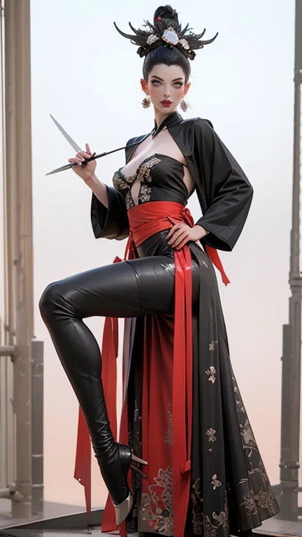 Wearing dreamy Hanfu。Tight，High heel。Breast protrusion。Breasts are larger than the torso。Perfect body，Supermodel。 Leg ring。good facial features。high quality faces。sexy idol girl group。The Ultimate Body。Smooth and delicate skin。Exquisite facial features。prostitute。A true physics engine。woman with smooth skin。energetic woman。Crazy horse show。Sexy hot woman。Immortal Cultivator。hat，Knife crown，Hairpin。Cloak。Model shooting poses。