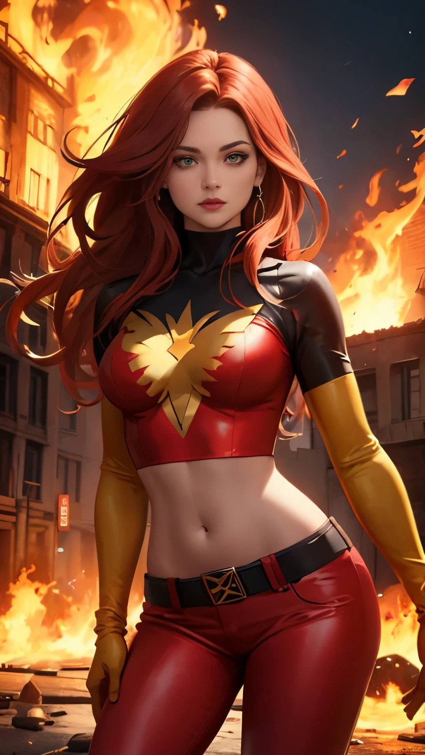 (Highly quality, masterpiece, detailed), burning city detailed scenario, burning city detailed background, jean-grey, belt, red leather crop top, gloves, Phoenix symbol on chest, red leather pants, navel, perfect face, beautiful eyes, looking at the viewer, Sexy pose