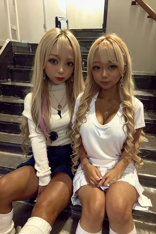 Photorealistic perfect body、Super best image quality、Realistic super high quality、ultra high quality face、(Japanese women:1.4)、(with two girls:1.4)、(normal chest:1.5)、(Cleavage:1.5)、(Schoolgirl uniform:1.5)、( Ultra mini skirt:1.5)、(look at the socks:1.4)、Tight waist、(Blonde Hair:1.5)、(Curly Hair:1.5)、(Perm Hair:1.5)、(smooth bangs)、(Gal style thick eyeliner:1.1)、(Long eyelashes:1.1)、(False eyelashes:1.1)、gal style makeup、gal style earrings、gal style bracelet、(Gal style triple necklace:1.2)、sit on the stairs、Spread your legs、NSFW、M-shaped legs、Showing 