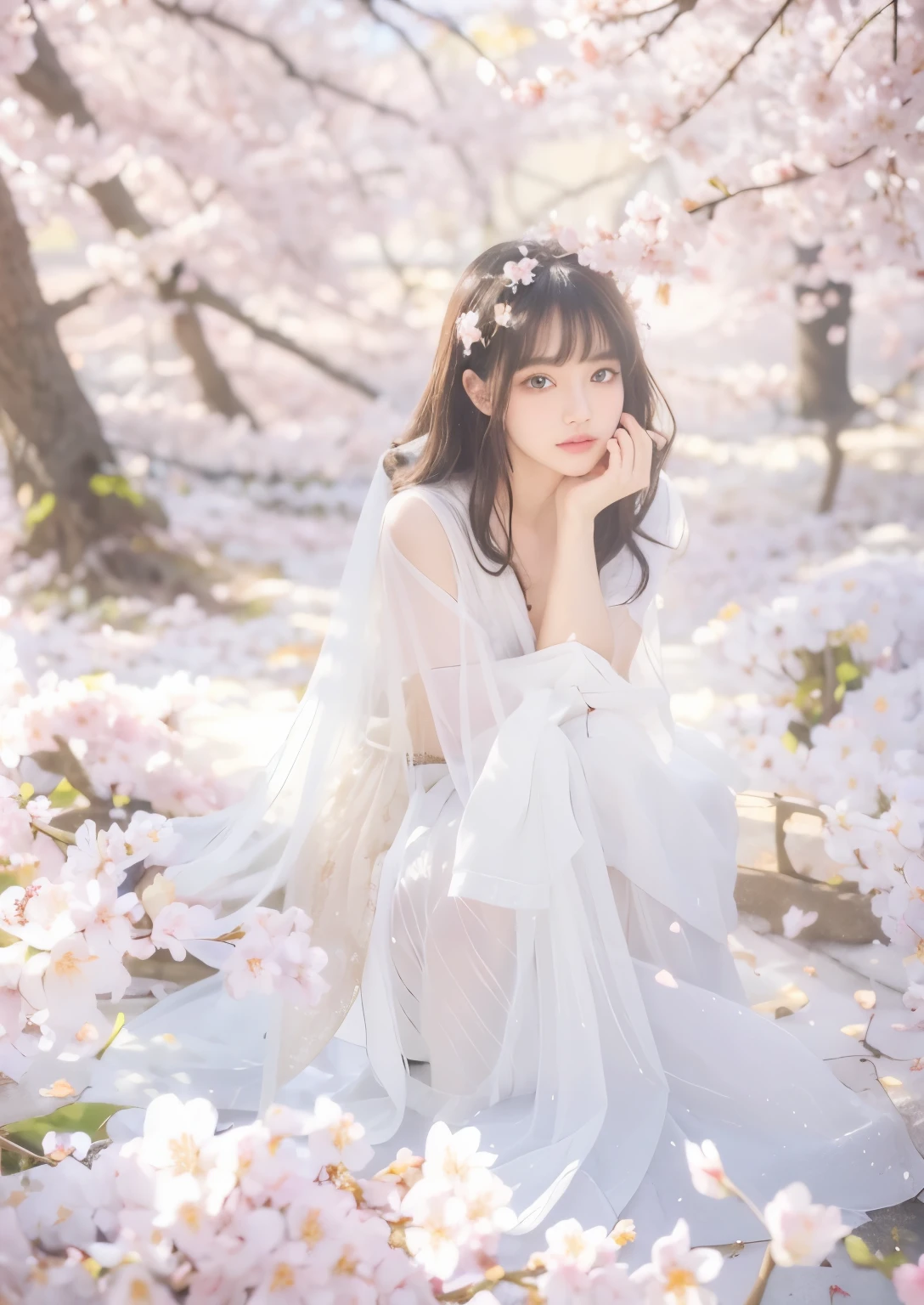 ((highest quality, 8K, masterpiece :1.4)) Breathtakingly beautiful Chinese model,cinema、(Details of both eyes)、(cute japanese woman、bangs:1.3)、23 years old、1 girl,Beautiful woman elegant,Black Hair、long hair,(cherry blossoms:1.4)、Realistic, Very detailed, finely, High resolution,cherry blossoms,High resolution, 1080p, (Clean face), (Detailed face description), (Detailed explanation of hands), (Exquisite CG), Extreme light and shadow, (highest quality photos), (Beautiful Eyes),squat