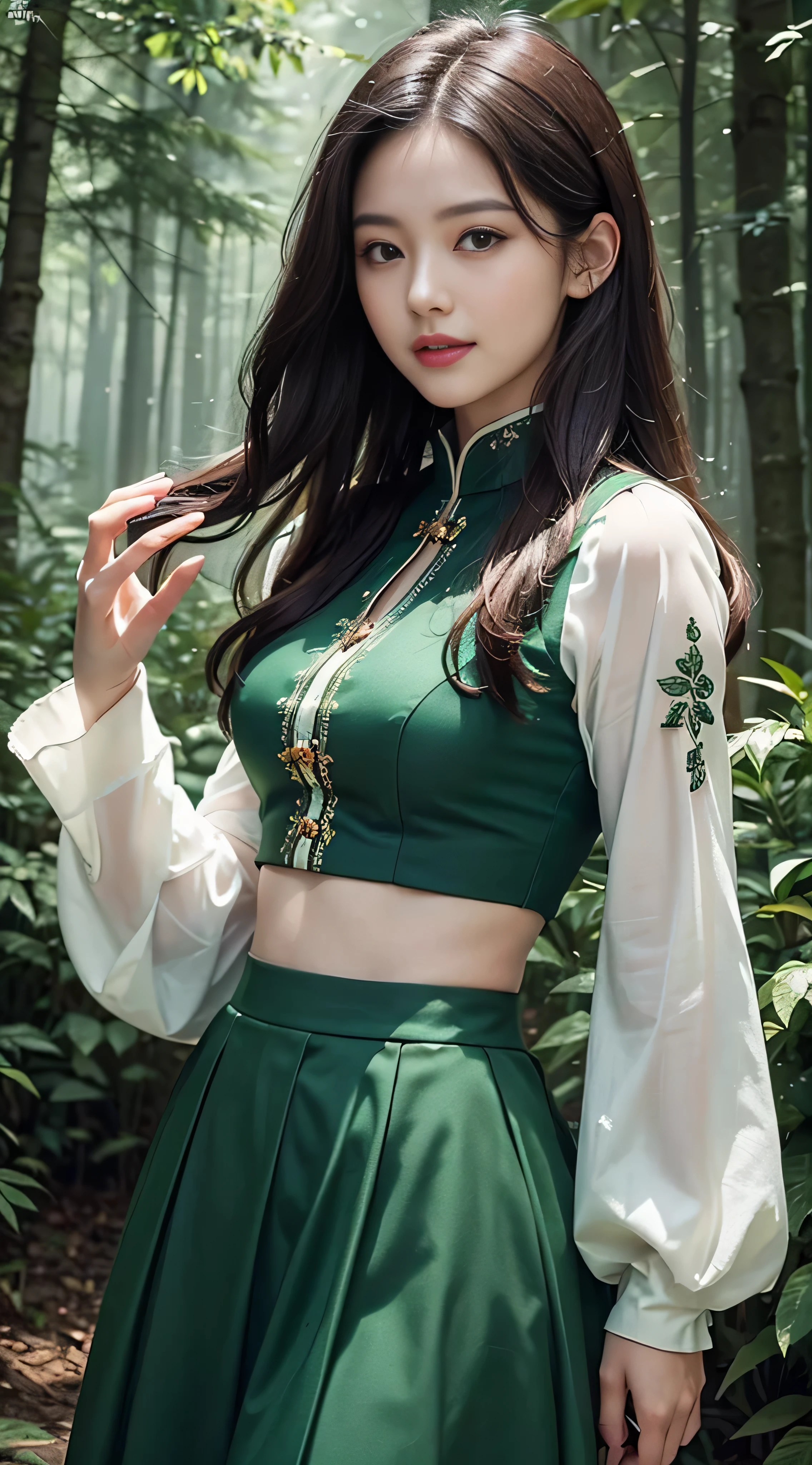 (Masterpiece, Top Quality, Best, Official Art, Beautiful and Aesthetic, Long Exposure: 1.2), (Beautiful Face 1.8, Smile 1.5), Smooth Movement of Jiaohao, Charming Pattern, 1 Girl, (Long Skirt with Sleeves: 1.3), (((Green Clothes))), Close-up of Upper Body, No Shoulders, Chinese Girl, Blush, Black Lob Hair, Portrait, Solo, Upper Body, Gaze Viewer, Detailed Background, Detailed Face, (crystallineAI, Crystalline Theme: 1.1), Elemental Wood Sprite, Spin Leaves, Control Leaves, Emerald Clothes, Dynamic Pose, Floating Particles, Ethereal Power, Leaves, Vapor, Forest in the Background, Green Tones, Forest, Ethereal Atmosphere,
