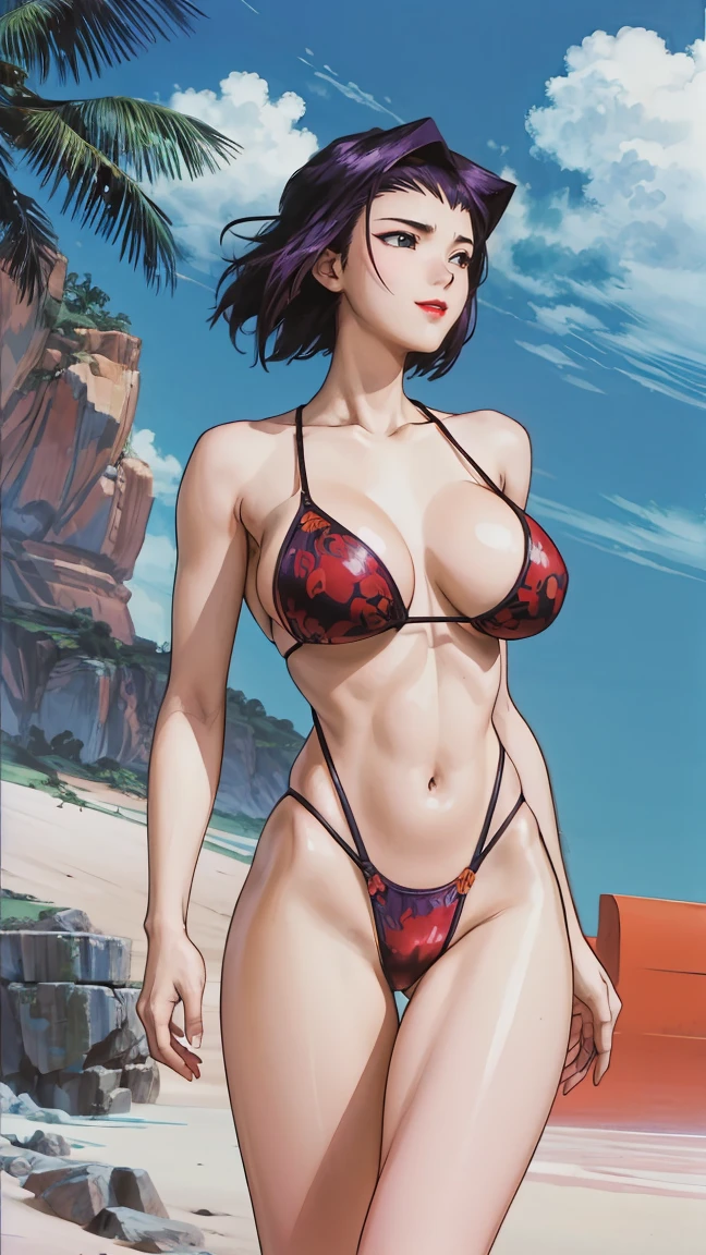 hyperrealistic painting by artgerm and gerald brom, FV, attractive woman, perfect body, hyperfeminine curves, huge breasts, micro bikini, beach, vibrant, expressive