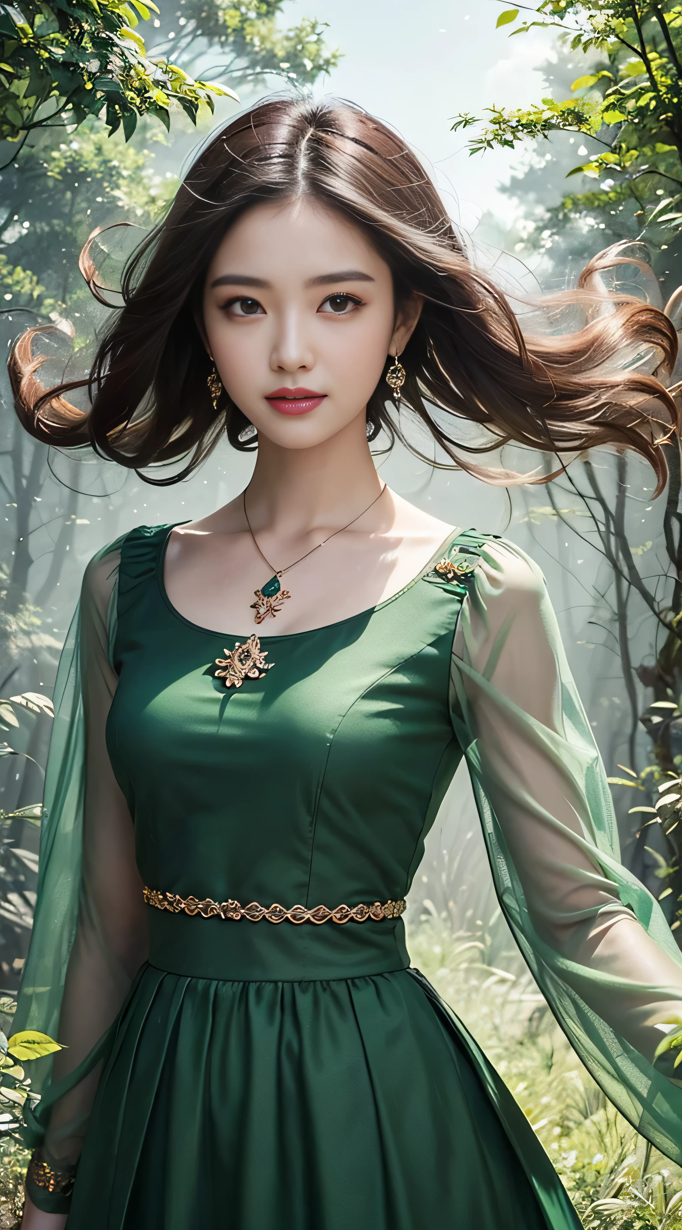 (Masterpiece, Top Quality, Best, Official Art, Beautiful and Aesthetic, Long Exposure: 1.2), (Beautiful Face 1.8, Smile 1.5), Smooth Movement of Jiaohao, Charming Pattern, 1 Girl, (Long Skirt with Sleeves: 1.3), (((Green Clothes))), Close-up of Upper Body, No Shoulders, Chinese Girl, Blush, Black Lob Hair, Portrait, Solo, Upper Body, Gaze Viewer, Detailed Background, Detailed Face, (crystallineAI, Crystalline Theme: 1.1), Elemental Wood Sprite, Spin Leaves, Control Leaves, Emerald Clothes, Dynamic Pose, Floating Particles, Ethereal Power, Leaves, Vapor, Forest in the Background, Green Tones, Forest, Ethereal Atmosphere,