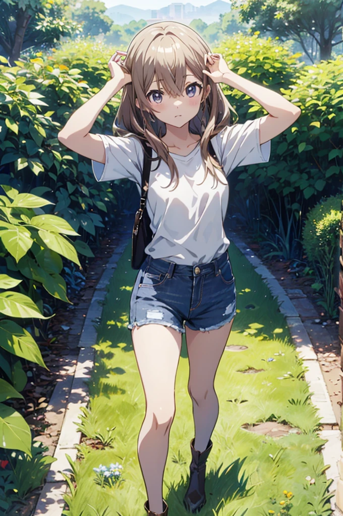 highest quality, High resolution, 4K、Anatomically correct、Are standing、High Quality Anime Girls、one girl, solo、Both arms, view from the front, garden、 stand on the grass、 White shirt, blue jeans, turned into slime、The absolute standard of the center, Upper Body、8Ｋimage、