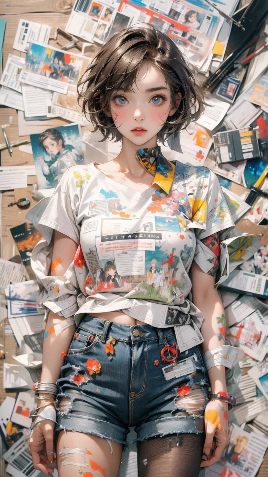 (masterpiece, High resolution, highest quality), Composition from head to thighs:1.3, Upper body focus, 20-year-old woman, Exposed Skin, Asymmetrical short hair, Disorganized, Paper and paint collage, abstract design, artistic juxtapositions, mixed-media approach, Digital Painting,