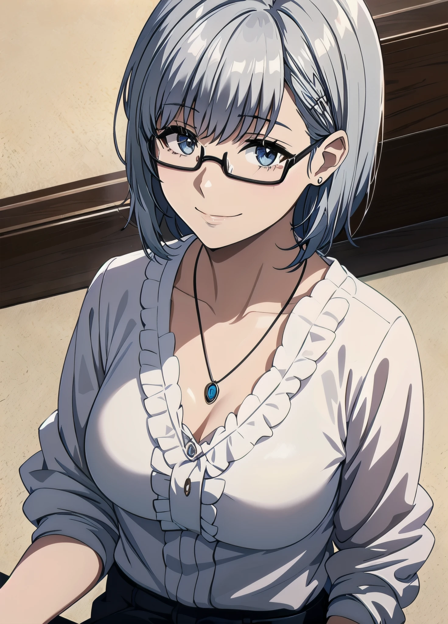 1girl, alternate_costume, bespectacled, closed_mouth, collarbone, glasses, jewelry, necklace, pendant, semi-rimless_eyewear, short_hair, silver_hair, smile, solo, under-rim_eyewear, upper_body,
