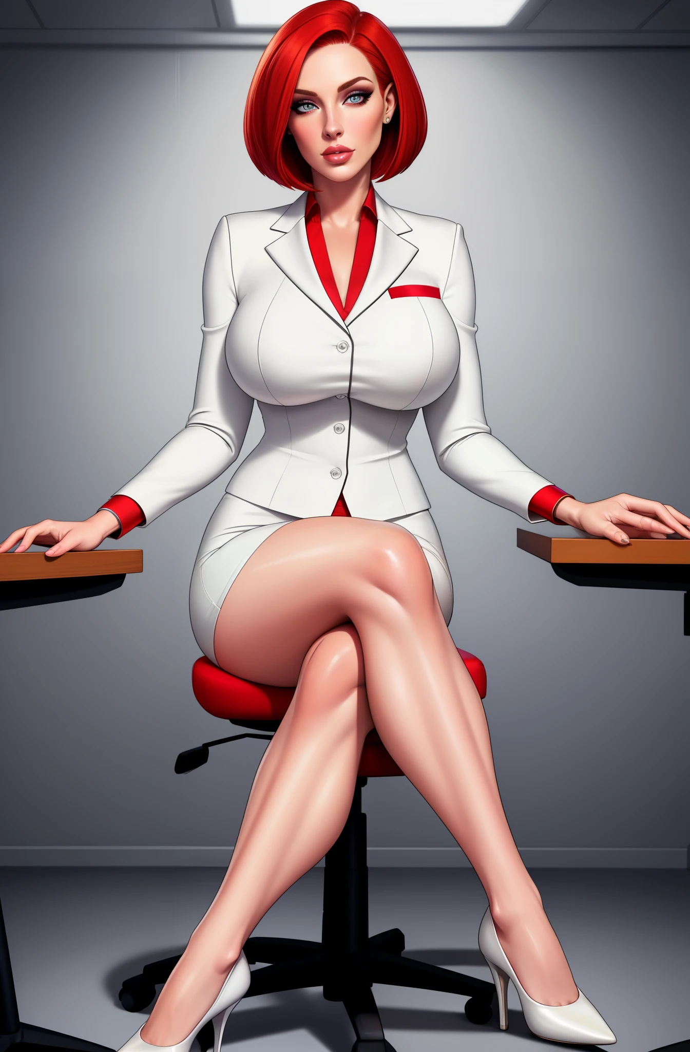 high quality,resolution:8k,realistic,Carolyn Dunn,red hair,bobcut,beautiful detailed eyes,beautiful detailed lips,white suit,pencil skirt,high heels,vivid colors,portraits,studio lighting, spread legs, sitting, office chair, toned muscles, open blazer