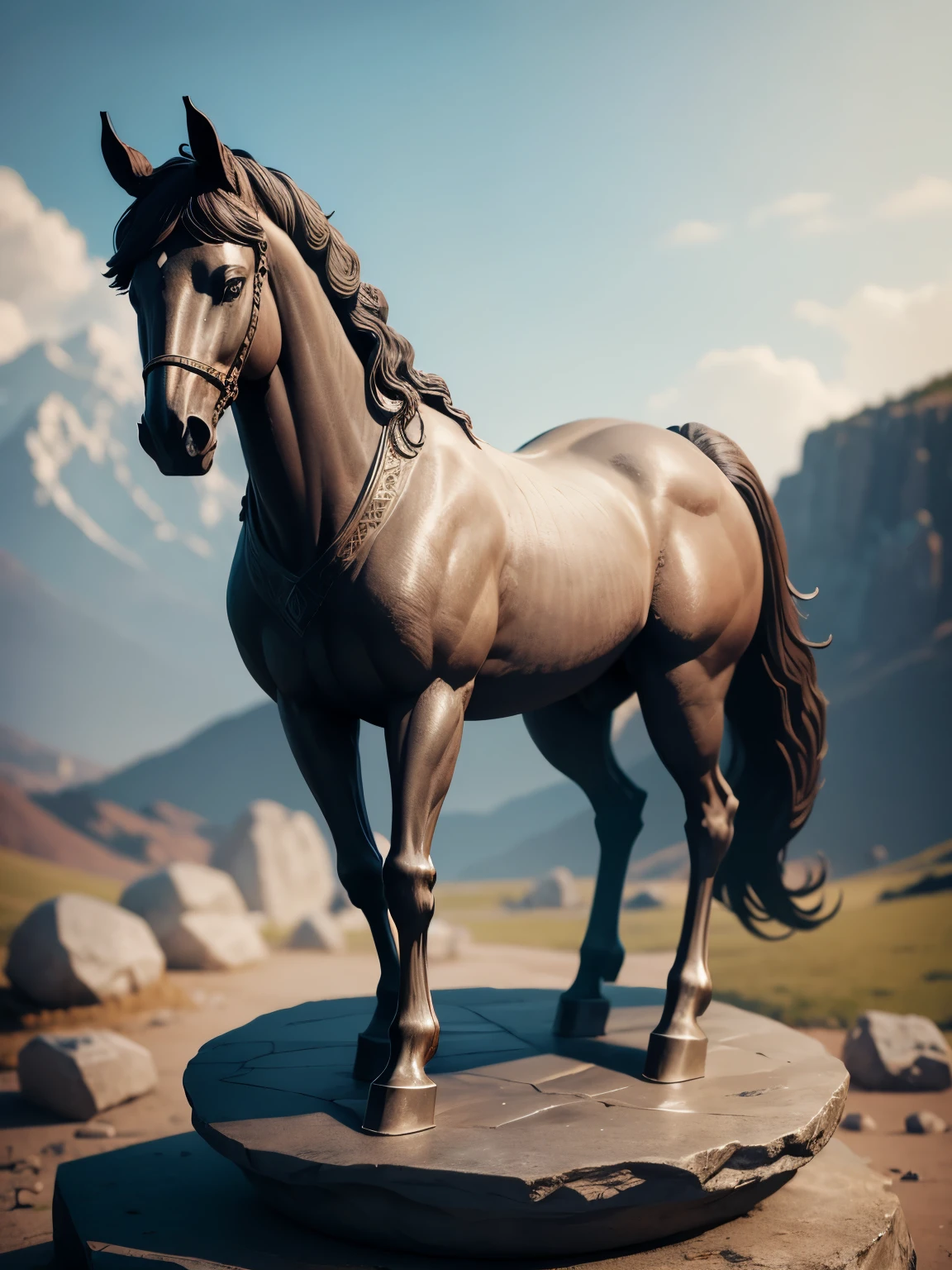 sculpture of a horse, full body, standing on two legs, standing on a stone plate, made out of stone, ultra detailed, high quality, 8k resolution